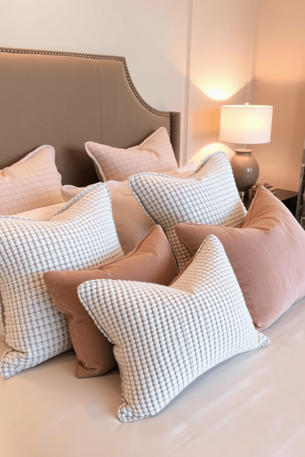 Textured throw pillows in various shades and patterns are arranged artfully on a plush king-sized bed. The bedding features a soft, neutral color palette that complements the pillows, creating a cozy and inviting atmosphere. A stylish upholstered headboard serves as a focal point in the room, enhancing the elegant design. Warm lighting from bedside lamps softly illuminates the space, adding to the overall comfort and sophistication of the king bedroom.