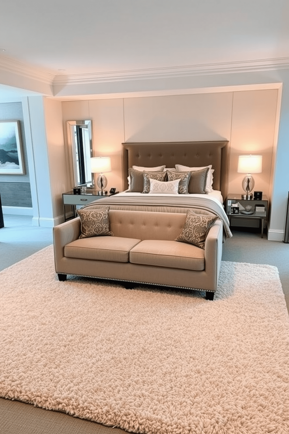 A spacious king bedroom featuring a large area rug that defines the seating area. The rug is plush and complements the color scheme of the room, providing warmth and comfort underfoot. The king-sized bed is elegantly dressed in luxurious linens with a mix of textures and patterns. Flanking the bed are stylish nightstands adorned with contemporary lamps that create a cozy ambiance.