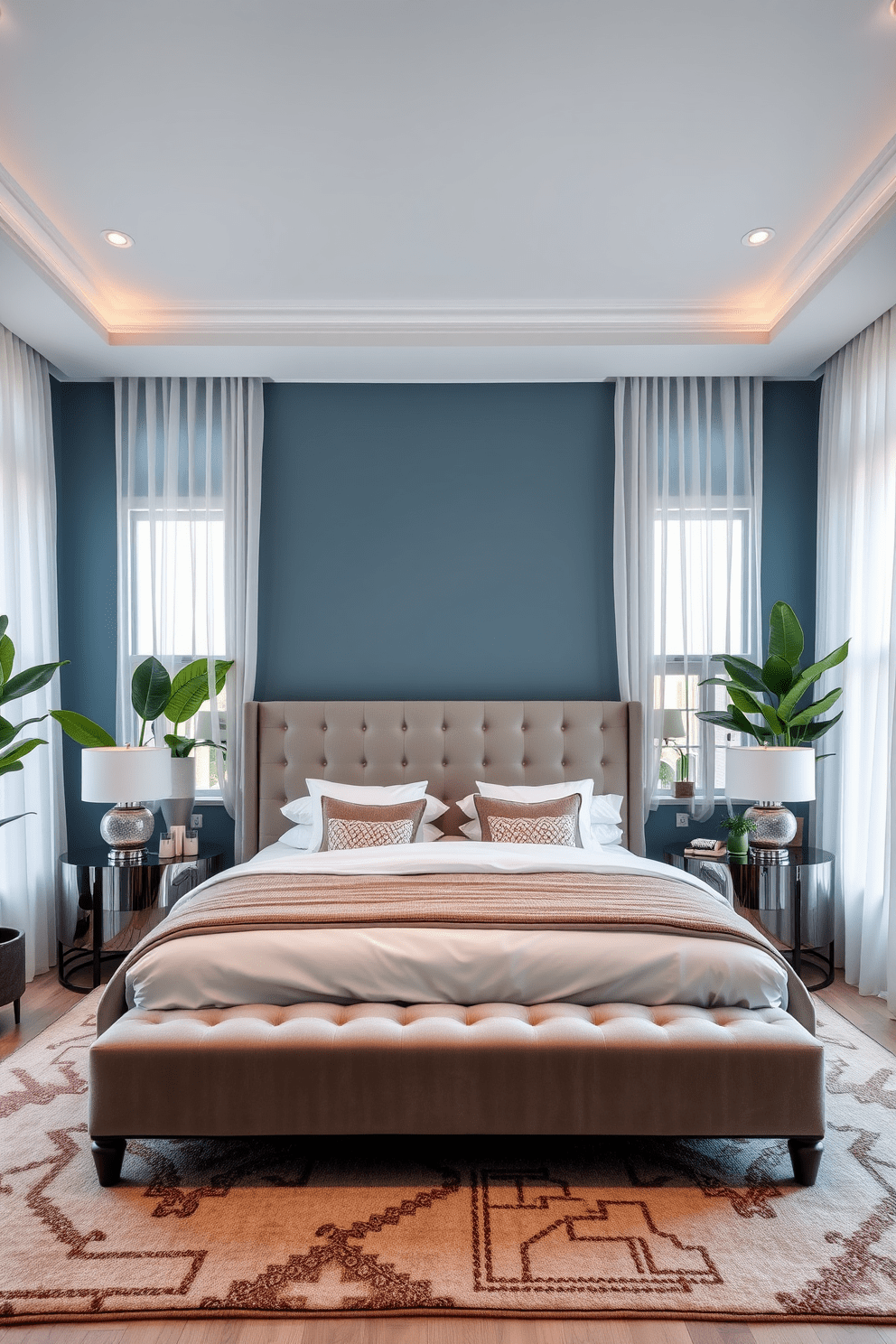 A luxurious king bedroom featuring a plush upholstered bed with a soft gray headboard and crisp white linens. Flanking the bed are elegant nightstands with modern lamps, and large windows draped in sheer curtains allow natural light to fill the space. The walls are painted in a calming blue tone, complemented by a cozy area rug beneath the bed. Lush potted plants are strategically placed in the corners, adding a fresh and vibrant touch to the overall design.