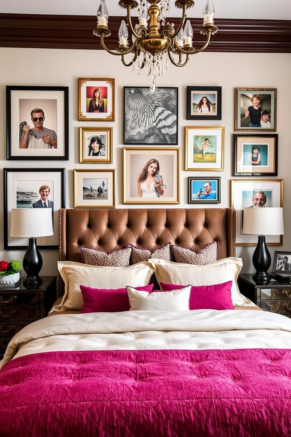 Artistic wall decor that showcases unique artwork and personal photographs creates a vibrant and inviting atmosphere. Incorporate a mix of framed prints and canvas pieces to enhance the character of the space. For a king bedroom design, opt for a plush upholstered headboard paired with luxurious bedding in rich textures. Add layered lighting with bedside lamps and a statement chandelier to create a warm and cozy ambiance.