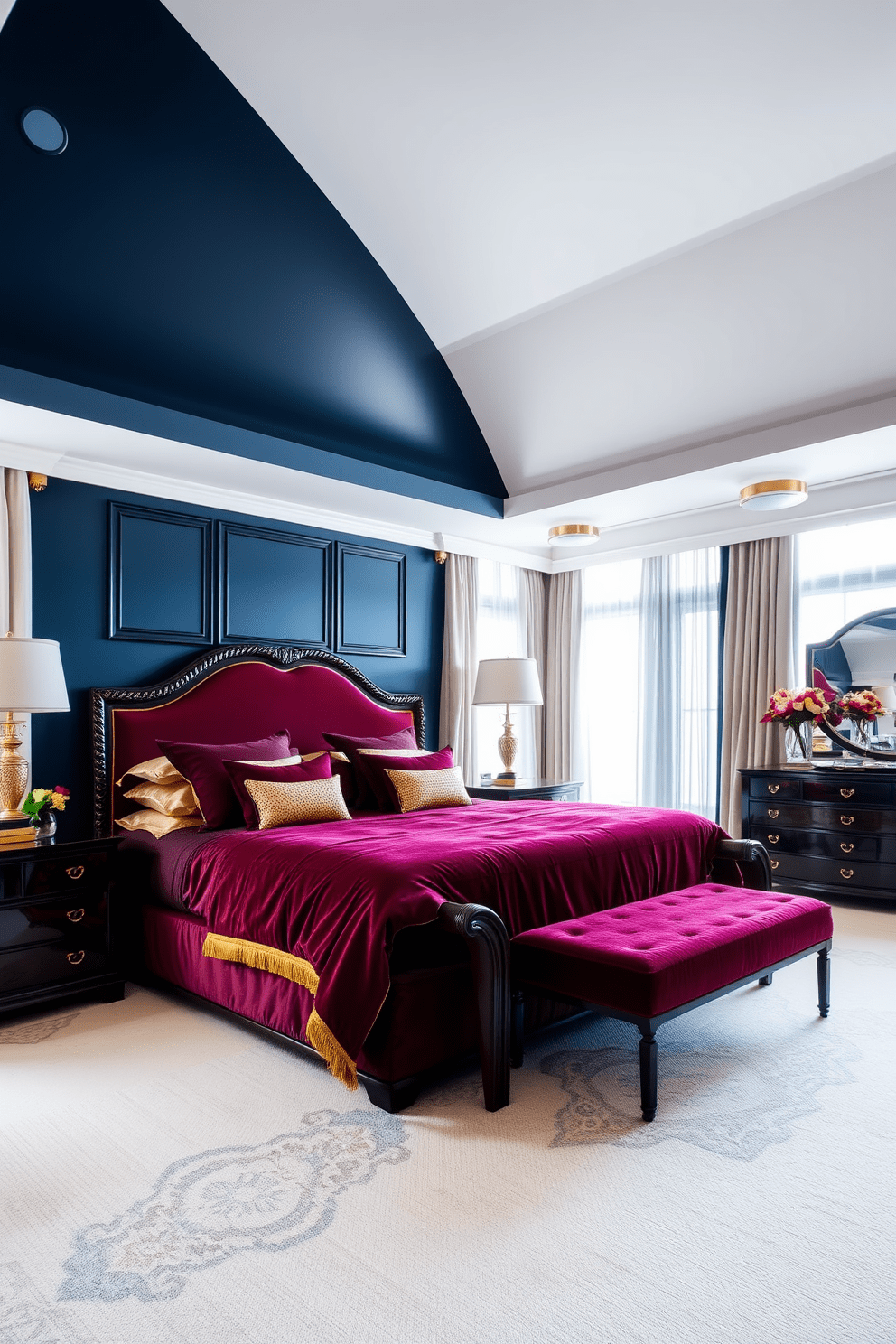 A luxurious king bedroom featuring dramatic color contrasts. The walls are painted a deep navy blue, while the ceiling is a crisp white, creating a striking visual impact. The bed is dressed in rich burgundy linens with plush gold accents. Large windows are adorned with sheer curtains that allow natural light to filter in, enhancing the room's vibrant colors.