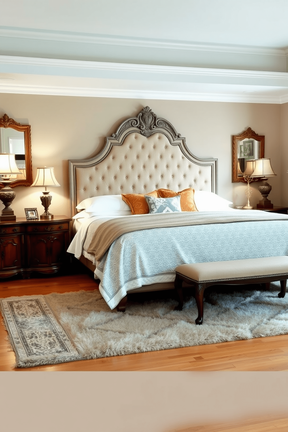 A king bedroom featuring vintage furniture pieces that add character and style. The room includes a beautifully upholstered headboard with intricate detailing, flanked by ornate nightstands with antique finishes. A plush area rug lies beneath the bed, complementing the warm wooden floor. Soft, ambient lighting from vintage-inspired lamps creates a cozy and inviting atmosphere.