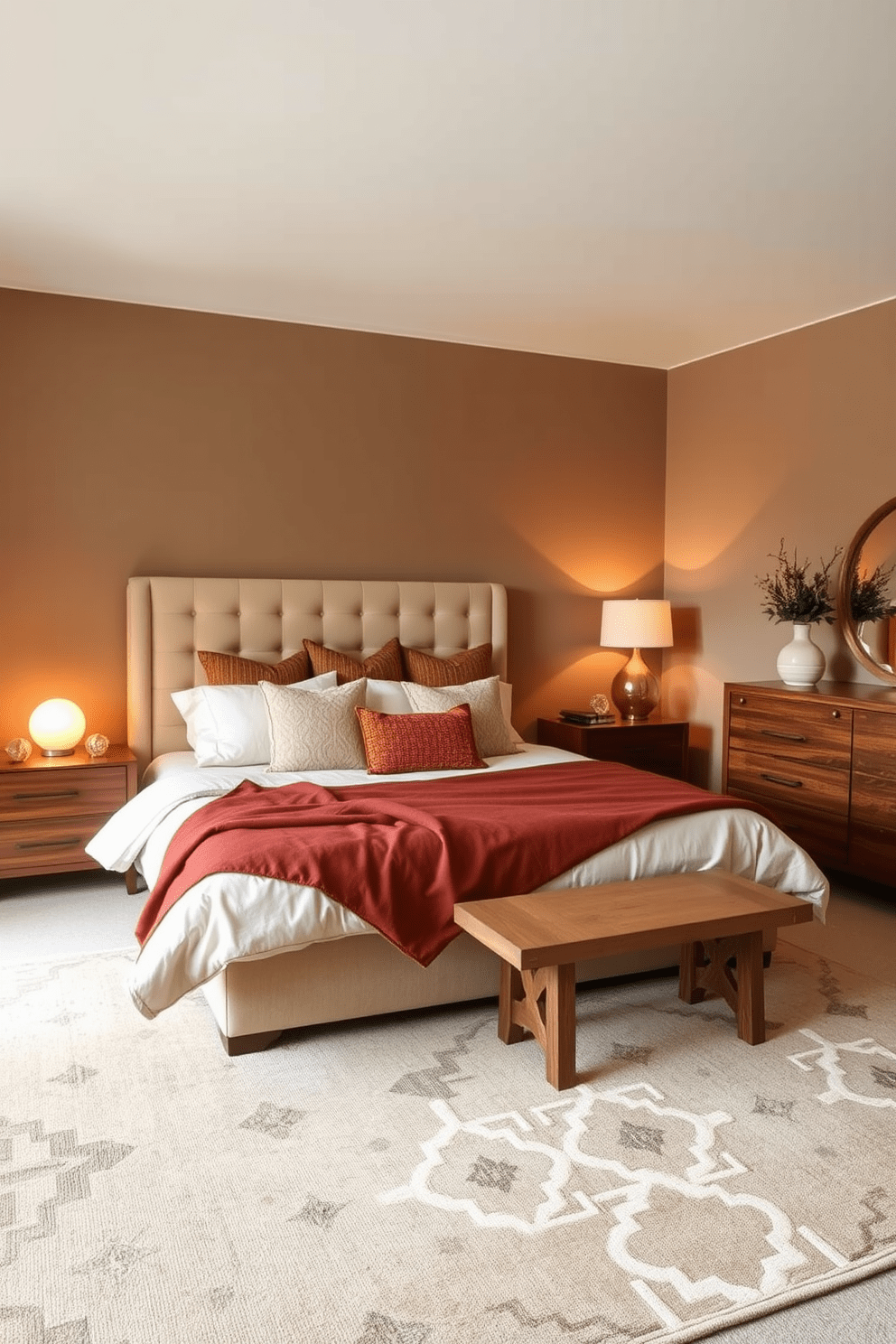 A serene king bedroom designed with warm earthy tones creates a cozy and inviting atmosphere. The walls are painted in a soft taupe, complemented by a plush beige upholstered headboard and layered bedding in shades of cream and rust. Natural wood elements are featured in the nightstands and dresser, enhancing the organic feel of the space. A large area rug with a subtle geometric pattern adds texture, while warm ambient lighting from bedside lamps creates a tranquil ambiance.