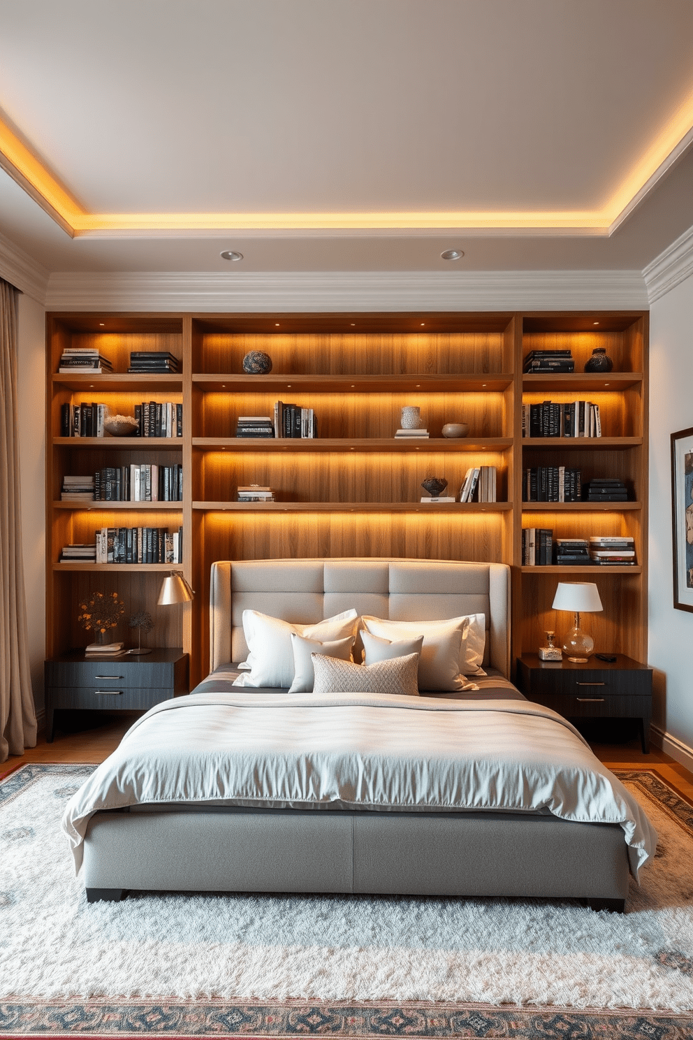 A luxurious king bedroom featuring open shelving that elegantly displays books and decorative items. The bed is dressed in plush linens with a statement headboard, and warm lighting creates a cozy atmosphere. The open shelving is crafted from natural wood, offering a perfect blend of functionality and style. Soft rugs underfoot add comfort, while artwork on the walls enhances the room's overall aesthetic.