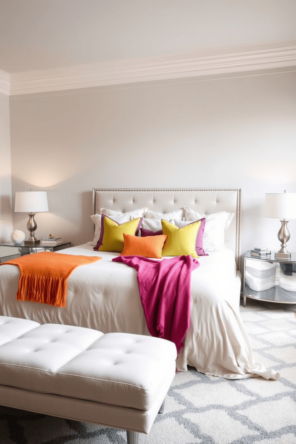 A serene king bedroom featuring neutral bedding that creates a calming atmosphere. Colorful accent pillows and throws add vibrant splashes of color against the soft, muted tones of the bed linens. The walls are painted in a light gray, enhancing the spacious feel of the room. A stylish area rug in a bold geometric pattern anchors the space, while elegant bedside lamps provide warm lighting.