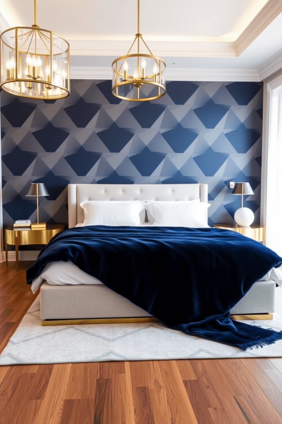 A luxurious king bedroom featuring a geometric patterned accent wall in shades of navy and gold. The bed is dressed in crisp white linens with a plush navy throw, complemented by sleek gold bedside tables. Incorporate a statement chandelier with geometric shapes hanging above the bed. The flooring is a rich hardwood, and a soft area rug with a subtle geometric design adds warmth to the space.