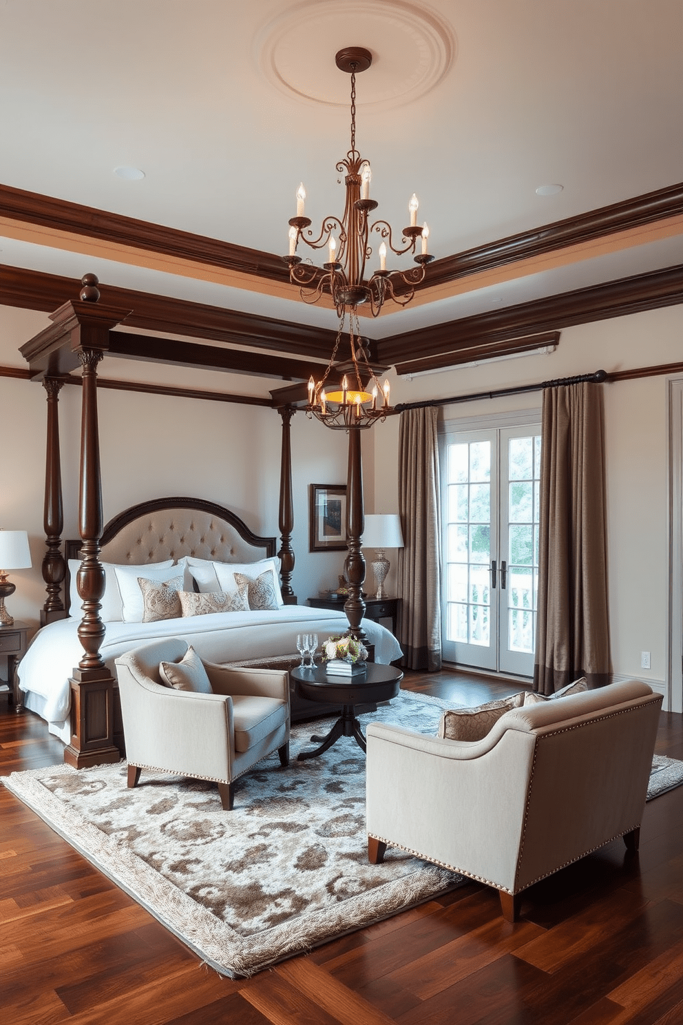 A classic king bedroom design that features an elegant four-poster bed with plush bedding and decorative pillows. The walls are adorned with soft neutral tones, complemented by rich wooden accents and a vintage-inspired chandelier hanging from the ceiling. A cozy sitting area is arranged near a large window, with a pair of upholstered armchairs and a small round table. The floor is covered with a luxurious area rug, enhancing the warmth of the space and providing a perfect contrast to the hardwood flooring.