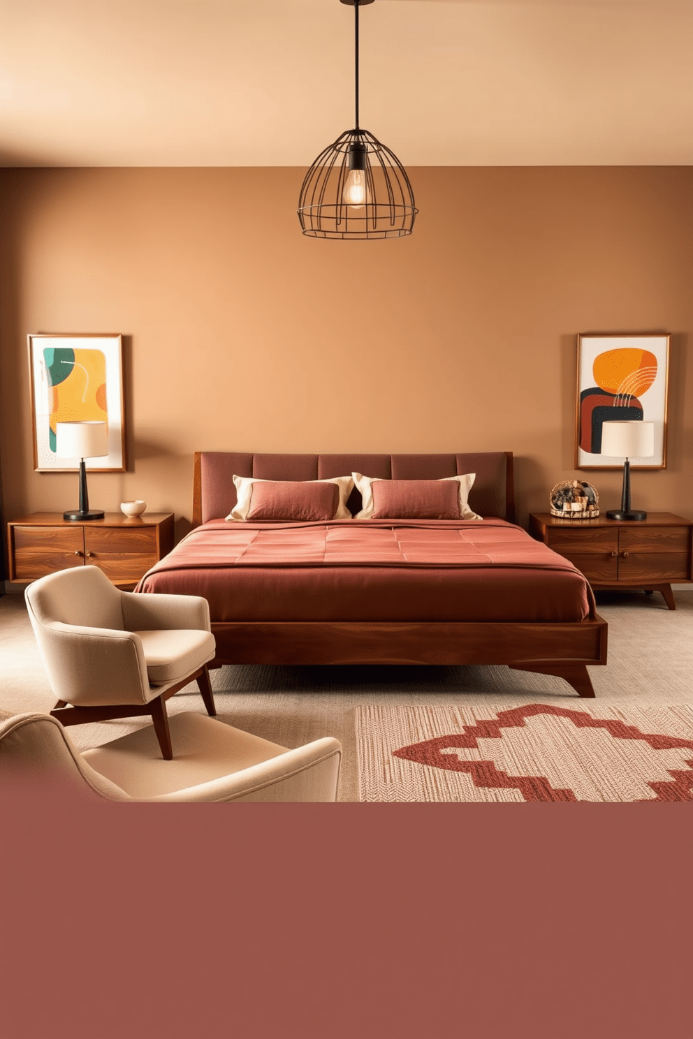 A king bedroom featuring mid-century modern furniture with clean lines and organic shapes. The bed is upholstered in a rich fabric with a low-profile wooden frame, complemented by two sleek nightstands on either side. A vintage-inspired armchair sits in the corner, accompanied by a geometric-patterned area rug. The color palette includes warm earth tones, accentuated by bold artwork on the walls and a stylish pendant light overhead.