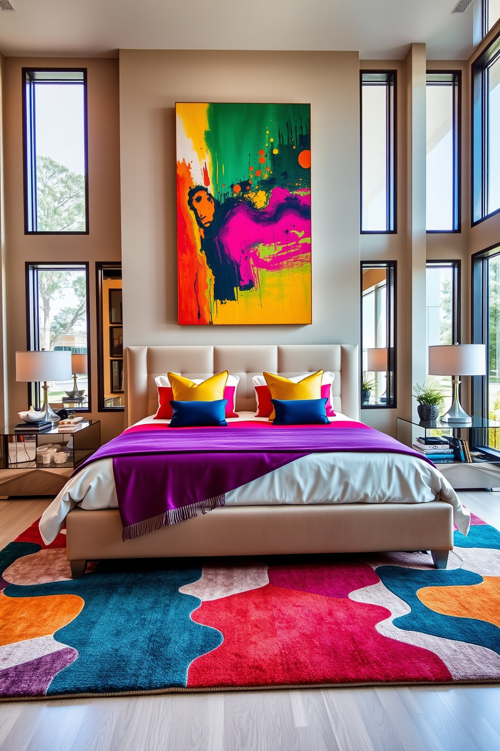 A luxurious king bedroom featuring bright accent colors that pop against neutral walls. The bed is dressed in vibrant bedding with contrasting throw pillows, and a stylish area rug adds warmth to the space. Large windows allow natural light to flood the room, highlighting the colorful artwork on the walls. Sleek bedside tables with modern lamps complement the overall design, creating a harmonious balance between bold and serene elements.