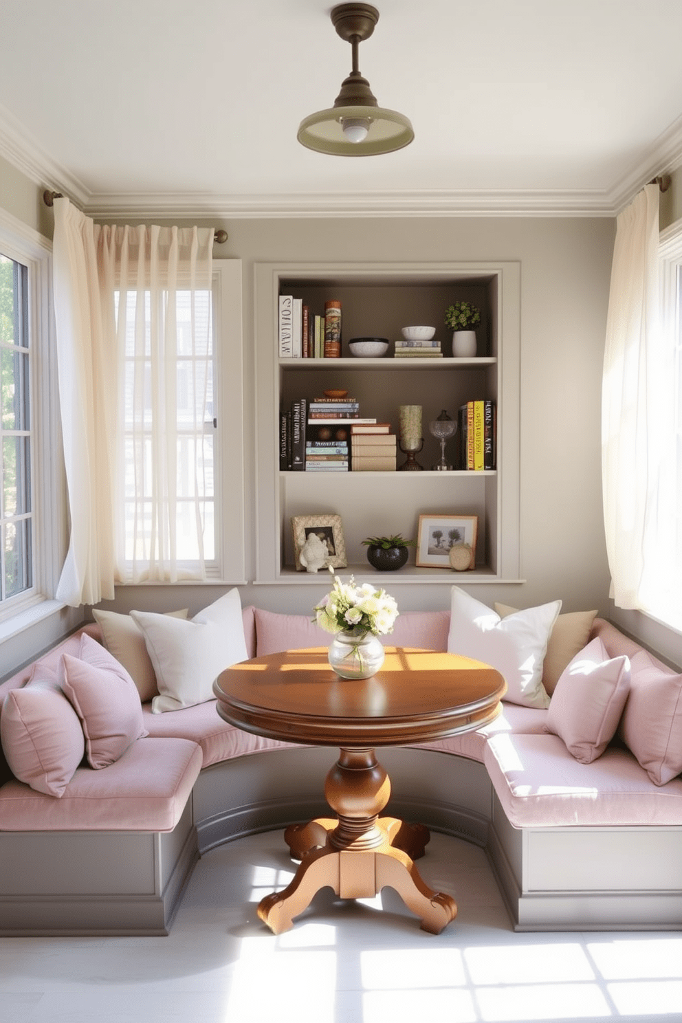 Cozy breakfast nook with built-in seating. The nook features a round wooden table surrounded by plush cushions in soft pastel colors. Natural light floods the space through large windows adorned with sheer curtains. A small bookshelf is integrated into the wall, filled with cookbooks and decorative items.