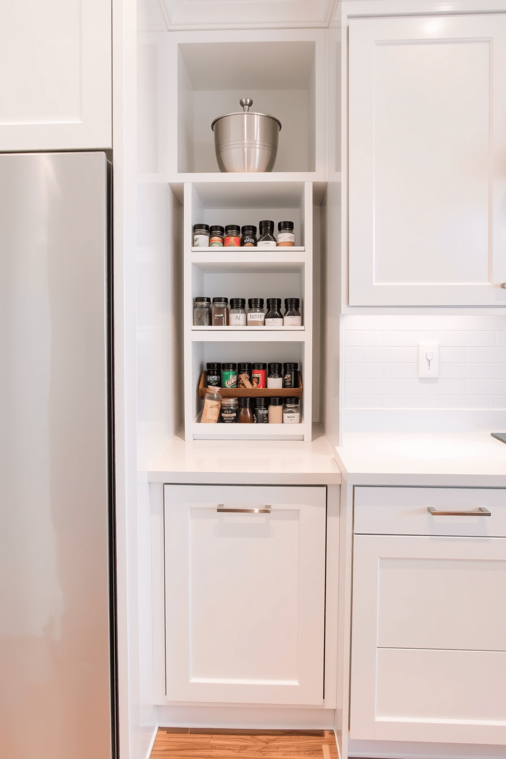 A modern kitchen alcove featuring an integrated spice rack seamlessly built into the cabinetry. The cabinetry is finished in a sleek white with brushed nickel hardware, creating a clean and functional space.