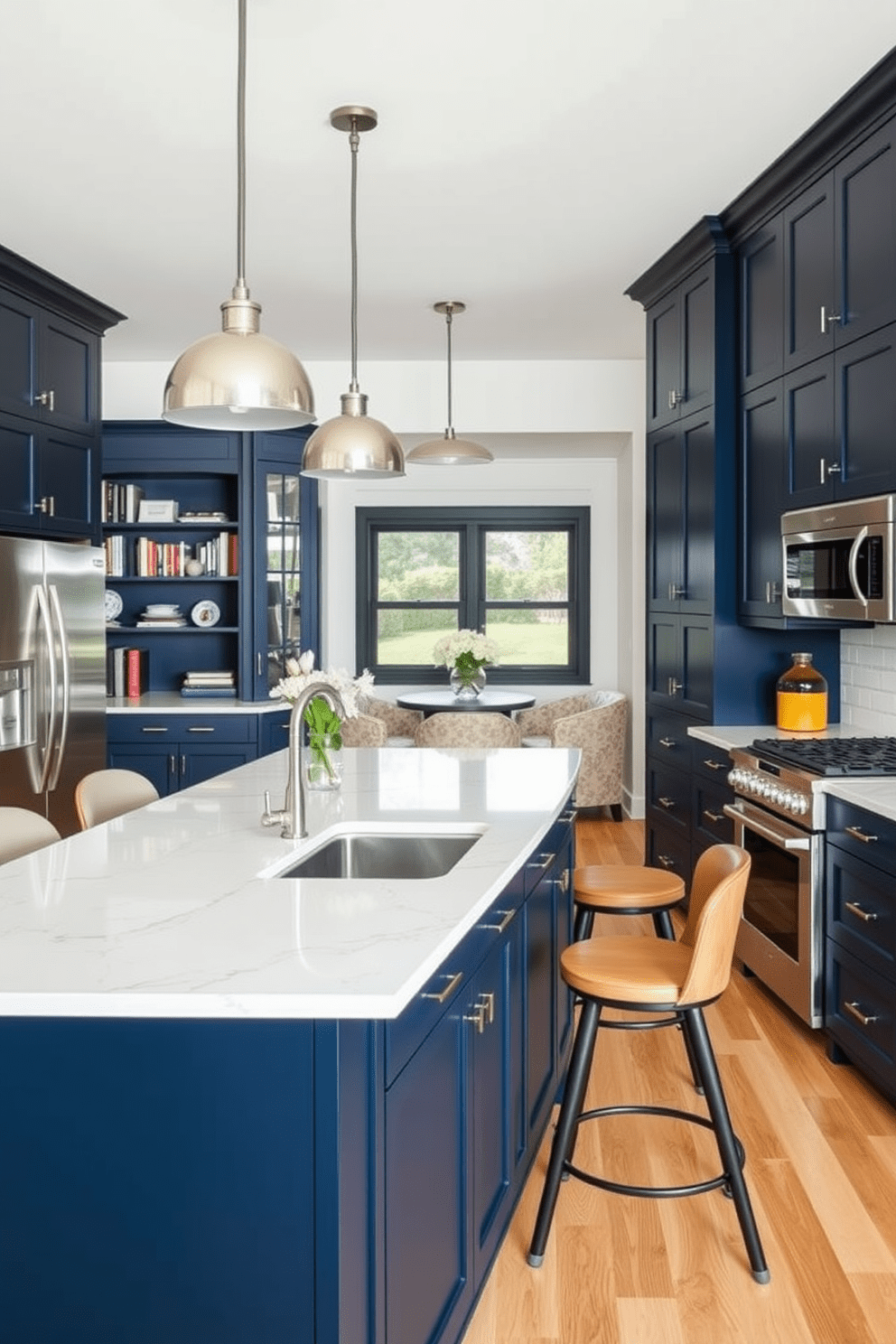 A modern kitchen island features a sleek quartz countertop with comfortable bar stools on one side. The cabinetry is a rich navy blue, contrasting beautifully with the light wood flooring and stainless steel appliances. The kitchen alcove is designed with built-in shelving that displays cookbooks and decorative items. Soft pendant lighting hangs above a cozy breakfast nook, creating an inviting space for casual dining.