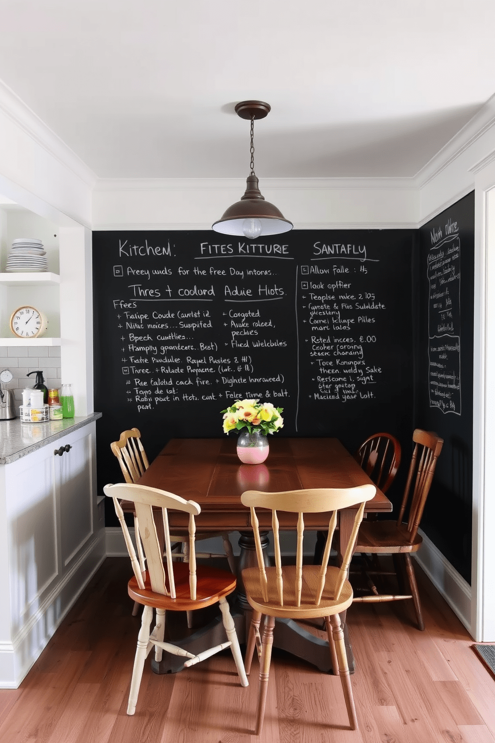 A cozy kitchen alcove featuring a chalkboard wall for notes and menus. The space includes a rustic wooden table surrounded by mismatched chairs, creating an inviting atmosphere.