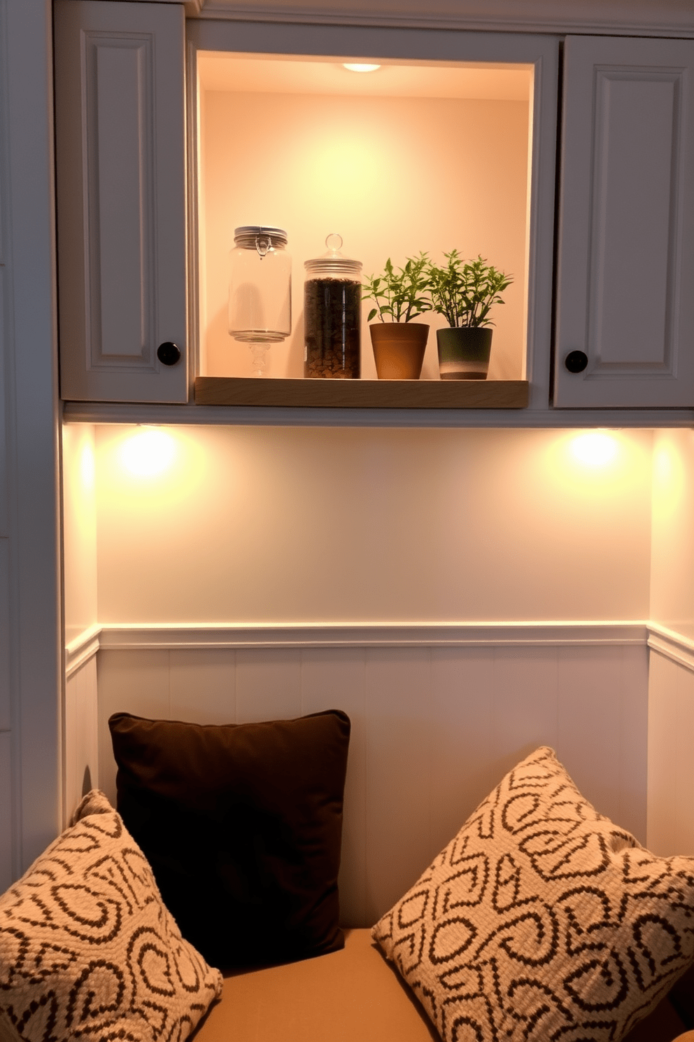 A cozy kitchen alcove features under-cabinet lighting that illuminates the countertop, creating a warm and inviting atmosphere. The cabinetry is painted in a soft white, complemented by a natural wood shelf that displays decorative jars and potted herbs. The backsplash is a subtle mosaic tile that adds texture, while the lighting highlights the intricate patterns. A comfortable seating area with plush cushions invites relaxation, making it a perfect spot for morning coffee or casual meals.