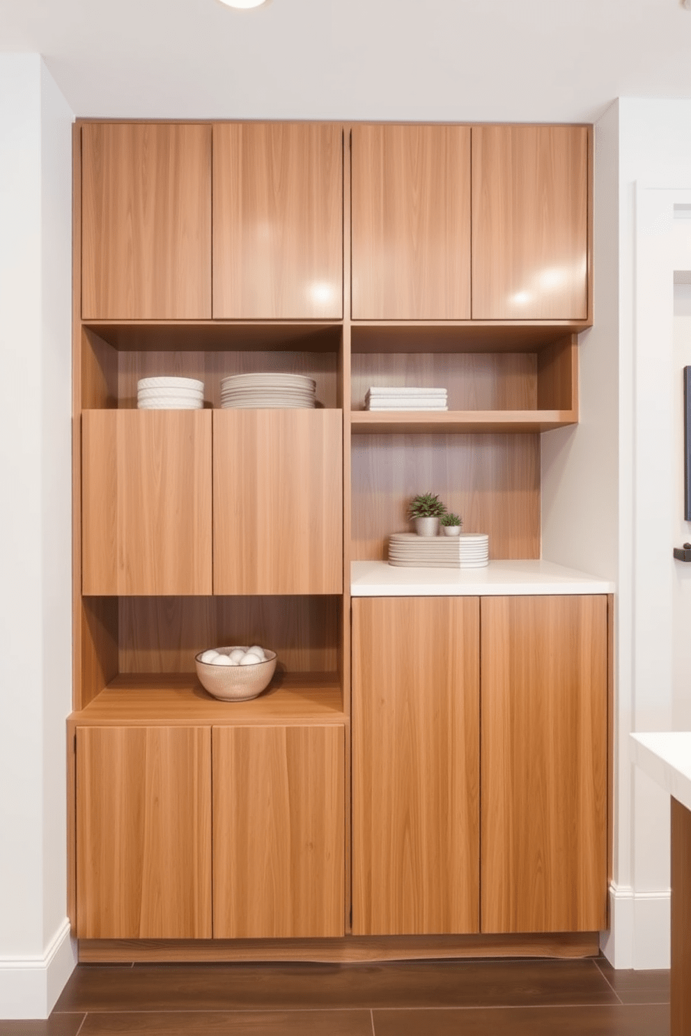 Custom cabinetry designed to maximize space in a kitchen alcove. The cabinetry features sleek lines and a combination of open shelving and closed storage, with a warm wood finish that complements the overall decor.