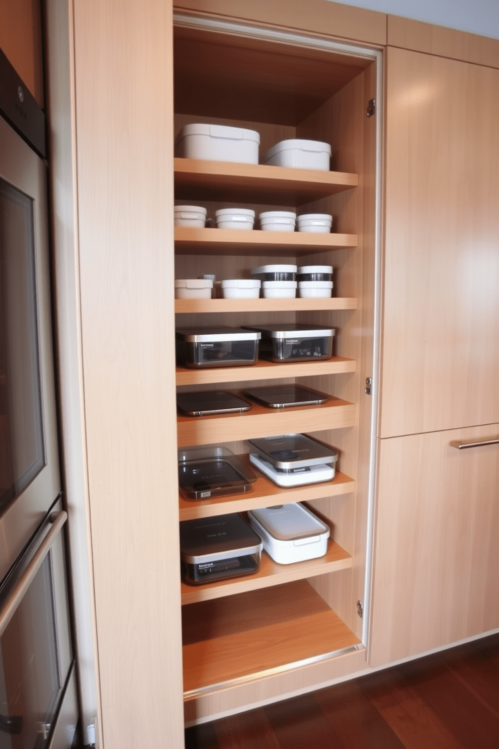 A modern pull-out pantry with sleek wooden shelves and organized containers for efficient storage. The pantry is integrated into the kitchen alcove, featuring soft-close mechanisms and a minimalist design that complements the surrounding cabinetry.