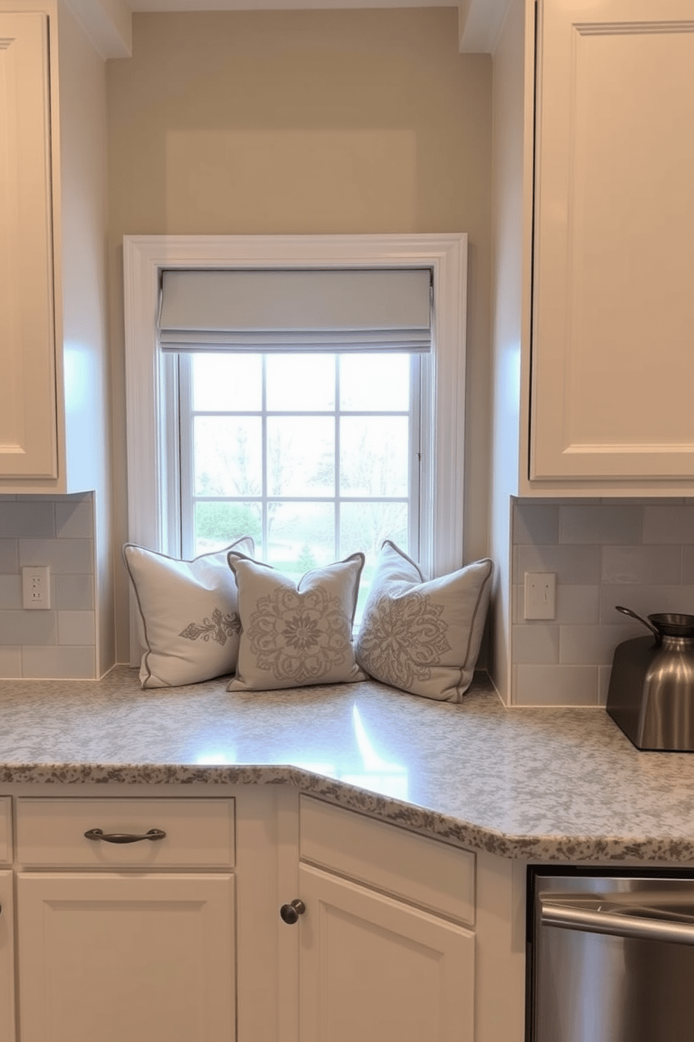 A cozy kitchen alcove features a charming window seat adorned with soft cushions and decorative pillows. The alcove is bathed in natural light, creating a warm and inviting atmosphere for casual dining or relaxation.