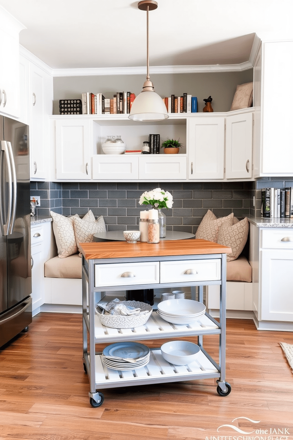 A functional kitchen cart with a sleek design featuring a wooden top and metal frame. It includes shelves for storage and wheels for mobility, placed in a bright kitchen with white cabinets and stainless steel appliances. Cozy kitchen alcove design with built-in seating and a round table. The space is adorned with soft cushions and pendant lighting, surrounded by shelves filled with cookbooks and decorative items.