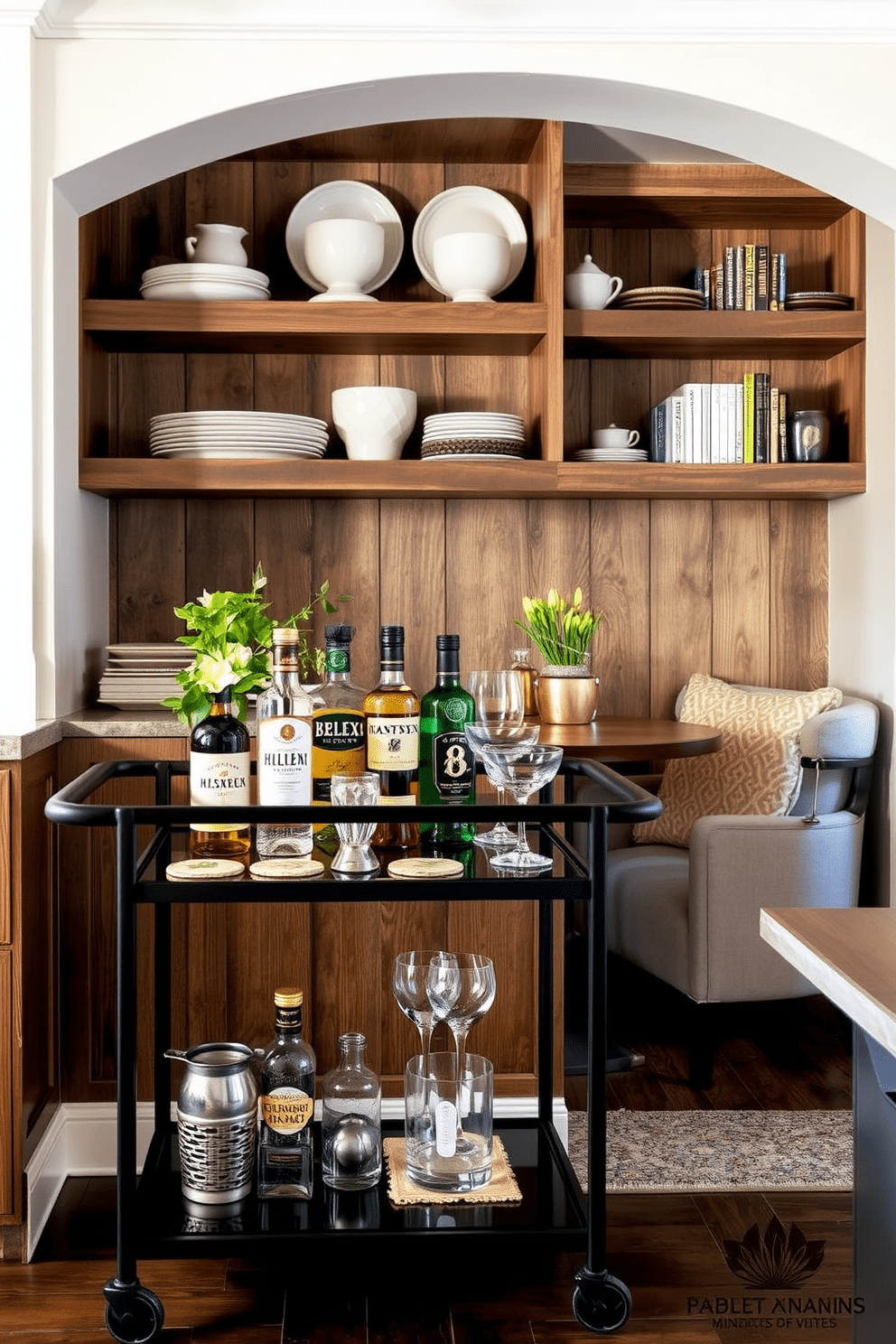 A stylish bar cart made of sleek black metal with a glass top showcases an array of premium spirits and elegant glassware. The cart is adorned with fresh greenery and a few decorative coasters, creating an inviting atmosphere for entertaining guests. The kitchen alcove features open shelving made of reclaimed wood that displays artisanal dishes and cookbooks. A cozy nook with a small round table and two upholstered chairs provides the perfect spot for casual dining or morning coffee.