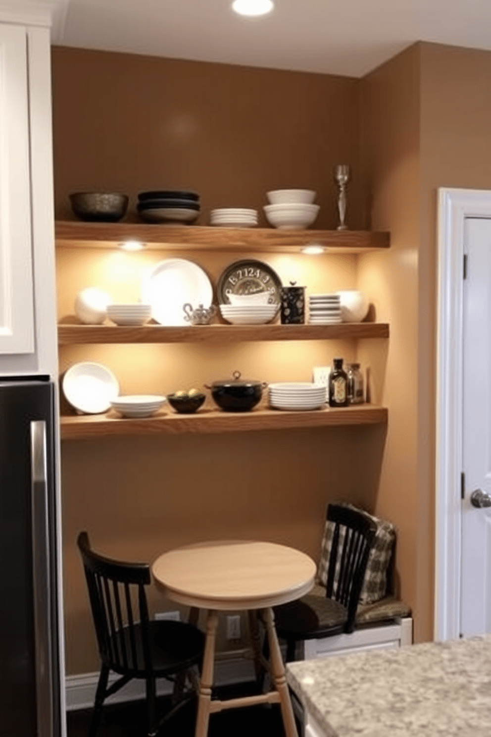 Open shelving design in a kitchen alcove creates a functional and stylish space. The shelves are crafted from reclaimed wood, showcasing a mix of dishware and decorative items for an inviting look. The alcove features a warm color palette with soft lighting that highlights the open shelves. Below, a cozy nook with a small table and chairs invites casual dining and relaxation.