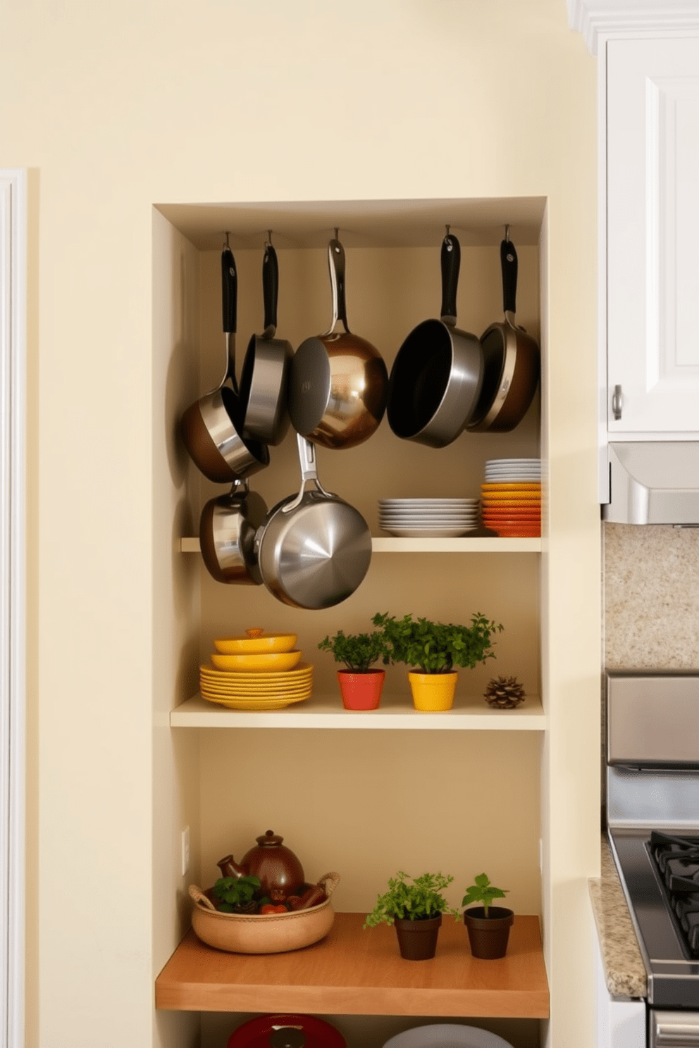 A cozy kitchen alcove featuring hanging pots and pans for easy access. The walls are painted in a warm cream color, and open shelving displays colorful dishware and herbs in small pots.