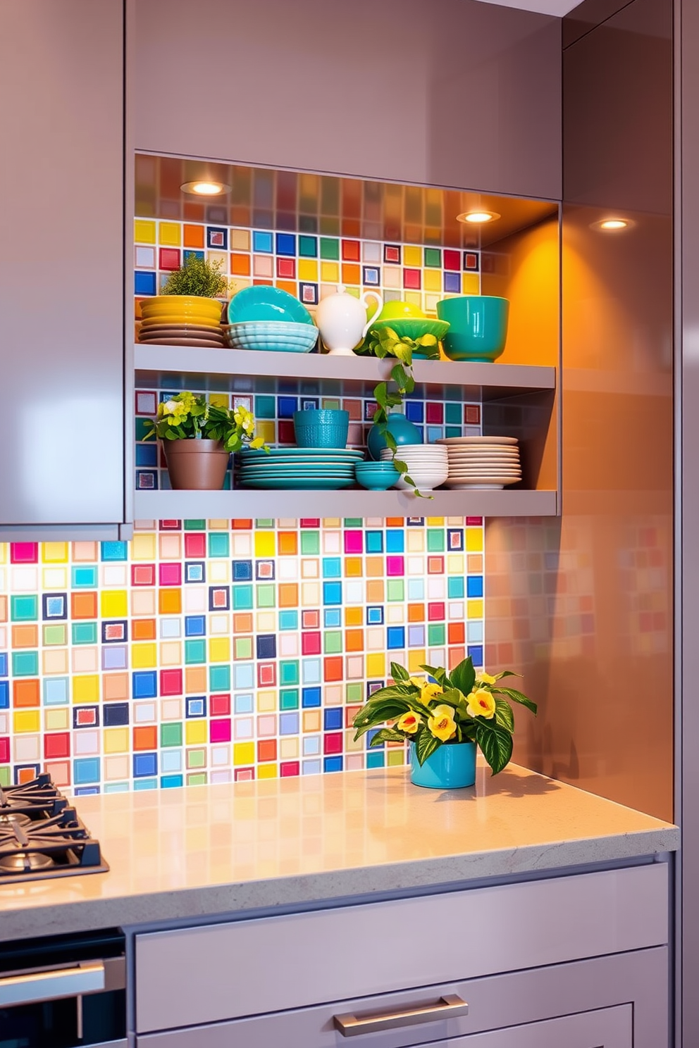 A vibrant kitchen alcove featuring a colorful backsplash that adds personality and charm to the space. The backsplash is adorned with a mosaic of bright tiles in various shapes and sizes, creating a lively focal point against the sleek cabinetry. The alcove includes open shelving displaying an array of colorful dishware and plants for a touch of greenery. Soft, warm lighting illuminates the area, enhancing the inviting atmosphere of this stylish kitchen nook.