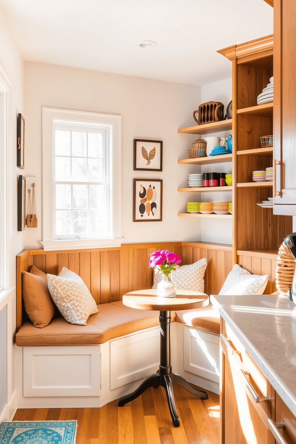 A cozy kitchen alcove featuring a built-in bench with plush cushions and a small round table. The walls are adorned with unique artwork that reflects the homeowner's personality, adding a personal touch to the space. Natural light floods the alcove through a nearby window, highlighting the warm wood tones of the cabinetry. A collection of colorful kitchenware is displayed on open shelves, enhancing the inviting atmosphere.