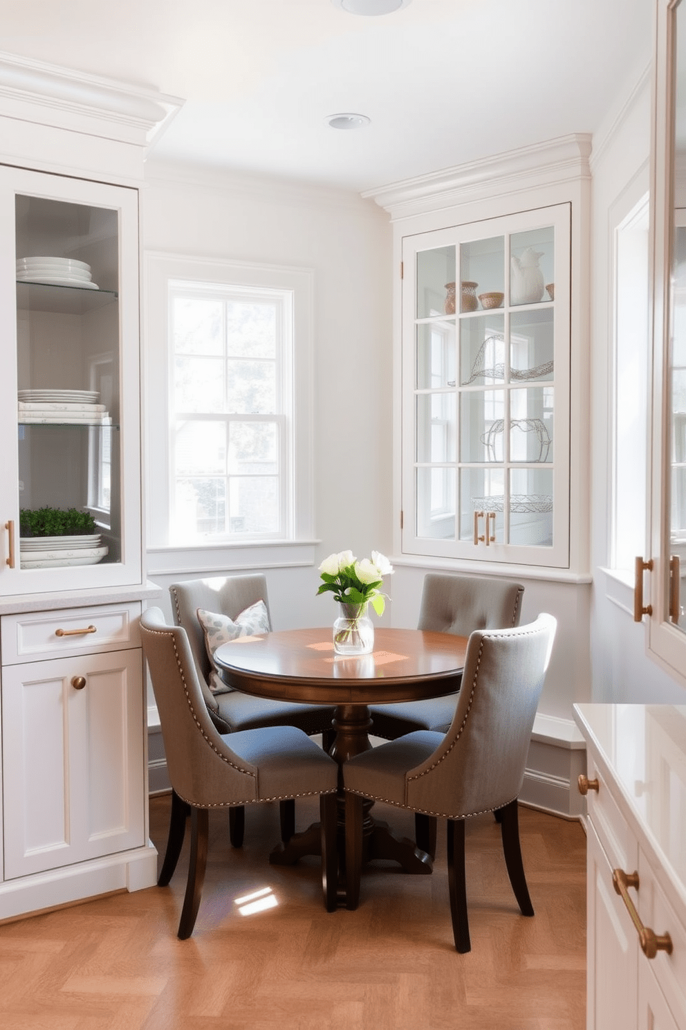 A bright kitchen alcove features glass cabinet doors that create an airy and open feel. The cabinetry is painted in a soft white, complemented by sleek brass hardware that adds a touch of elegance. A cozy breakfast nook is nestled within the alcove, adorned with a round wooden table and plush upholstered chairs. Natural light floods the space through a nearby window, enhancing the inviting atmosphere.