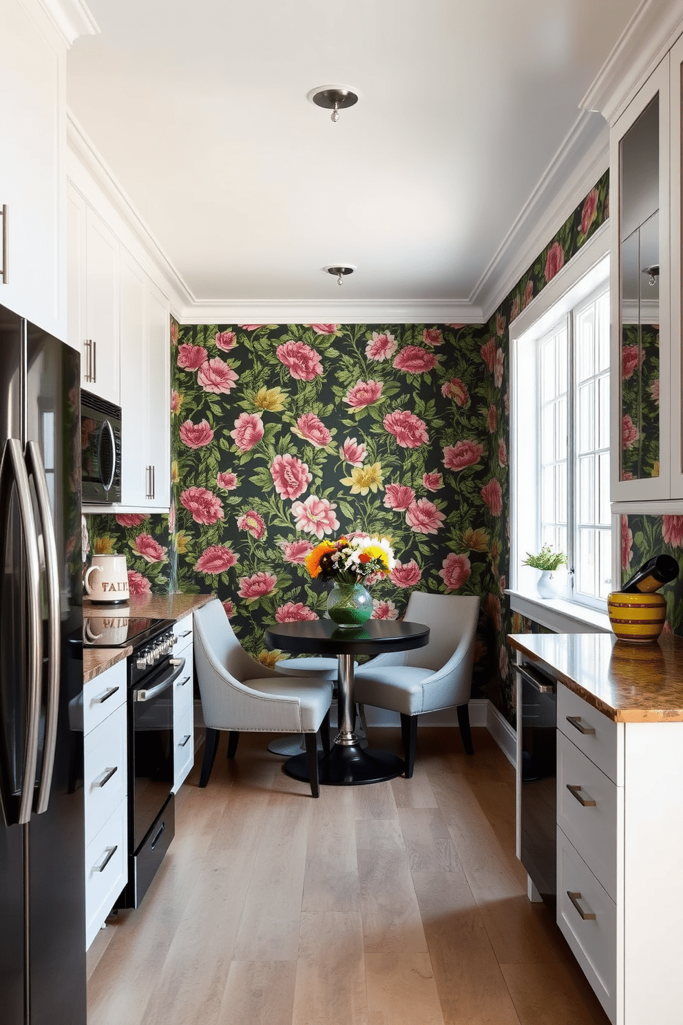 A stunning kitchen alcove featuring bold wallpaper that draws attention. The wallpaper showcases a vibrant floral pattern that contrasts beautifully with sleek cabinetry and modern appliances. The alcove includes a cozy breakfast nook with a round table and upholstered chairs. Natural light floods the space through a large window, enhancing the inviting atmosphere.