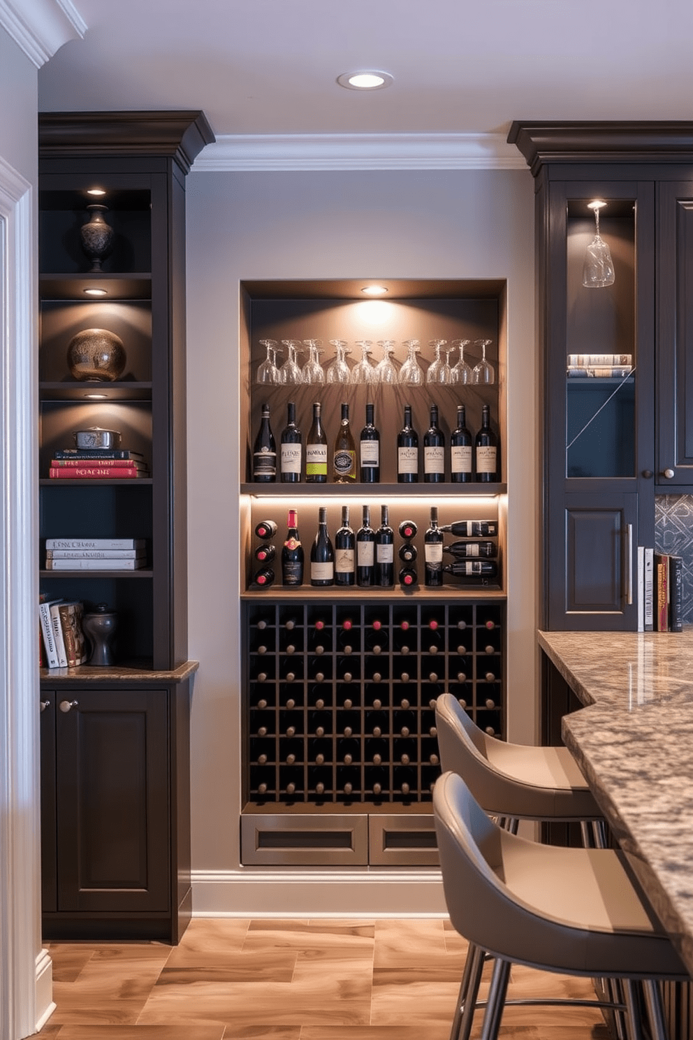 A stylish kitchen alcove featuring an integrated wine rack designed for wine lovers. The wine rack is built into the cabinetry, showcasing a selection of bottles and glasses, while the surrounding shelves display decorative items and cookbooks. Soft ambient lighting highlights the wine collection, creating a warm and inviting atmosphere. The alcove is complemented by a cozy seating area with bar stools, perfect for casual gatherings and enjoying a glass of wine.