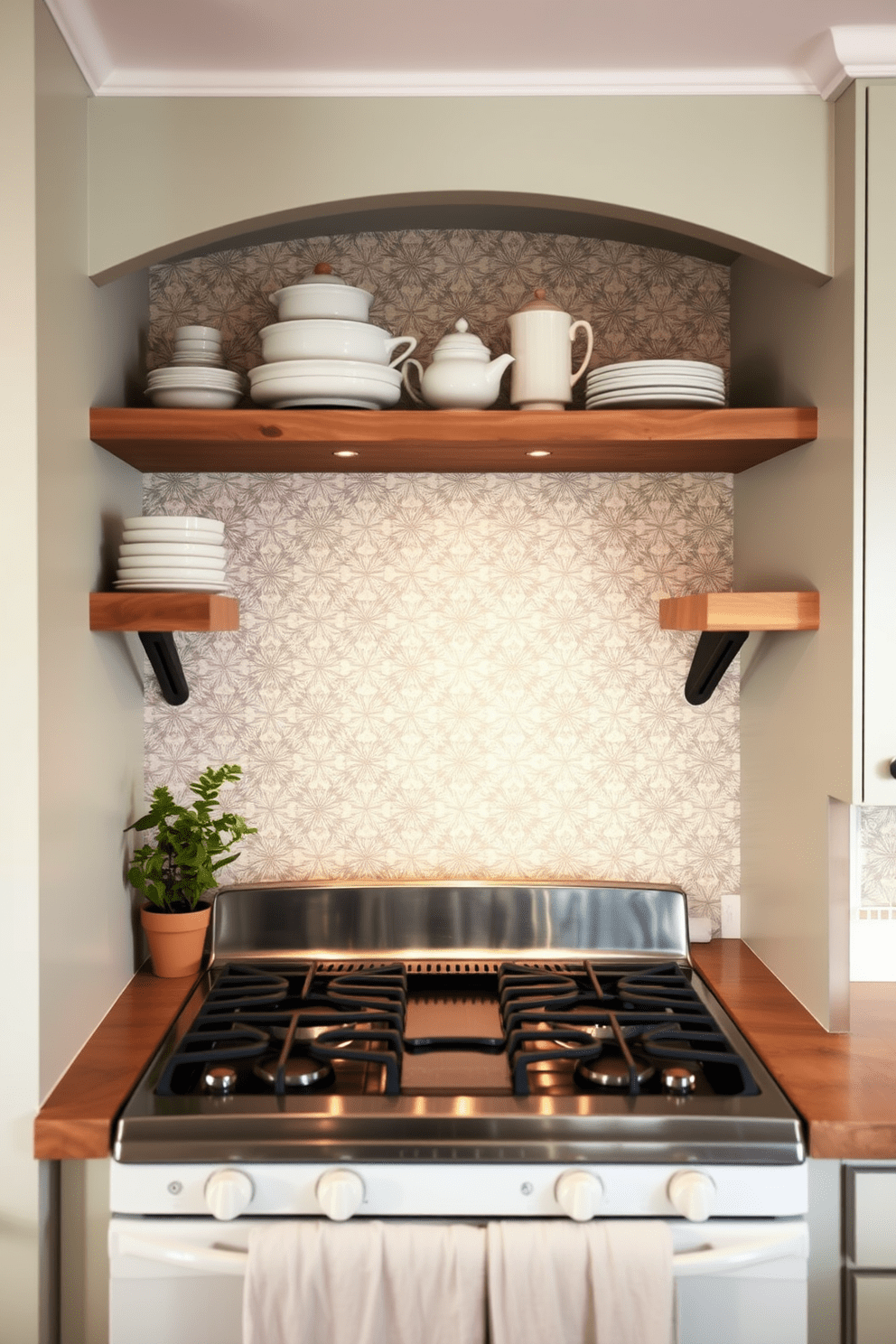 A vintage-inspired tile backsplash adds character to a cozy kitchen alcove. The tiles feature intricate patterns in soft pastel colors, creating a charming focal point behind the stove. The alcove is framed by open wooden shelves displaying rustic dishware and potted herbs. Soft, warm lighting highlights the textured tiles and enhances the inviting atmosphere of the space.