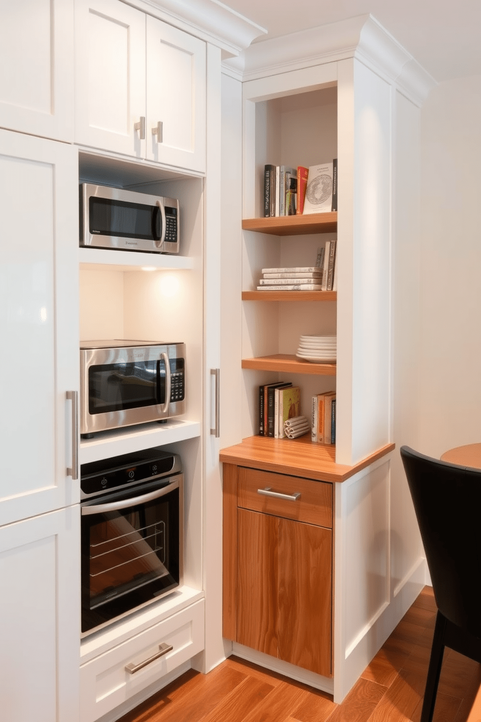 A modern kitchen alcove featuring hidden appliance storage behind sleek cabinet doors. The cabinetry is finished in a soft white with brushed nickel handles, seamlessly blending functionality and style. Incorporated into the design are open shelves displaying decorative dishware and cookbooks. A warm wood countertop adds a touch of warmth, contrasting beautifully with the minimalist aesthetic.