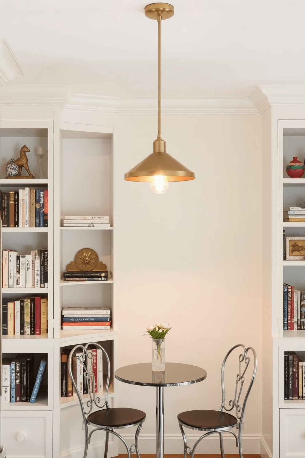 Stylish pendant lights hang gracefully above a cozy kitchen alcove, casting a warm glow that enhances the inviting atmosphere. The lights feature a modern design with a brushed brass finish, complementing the soft color palette of the space. The kitchen alcove is designed with built-in shelves that display an array of cookbooks and decorative items. A small bistro table with two elegant chairs creates a perfect nook for casual dining or morning coffee.