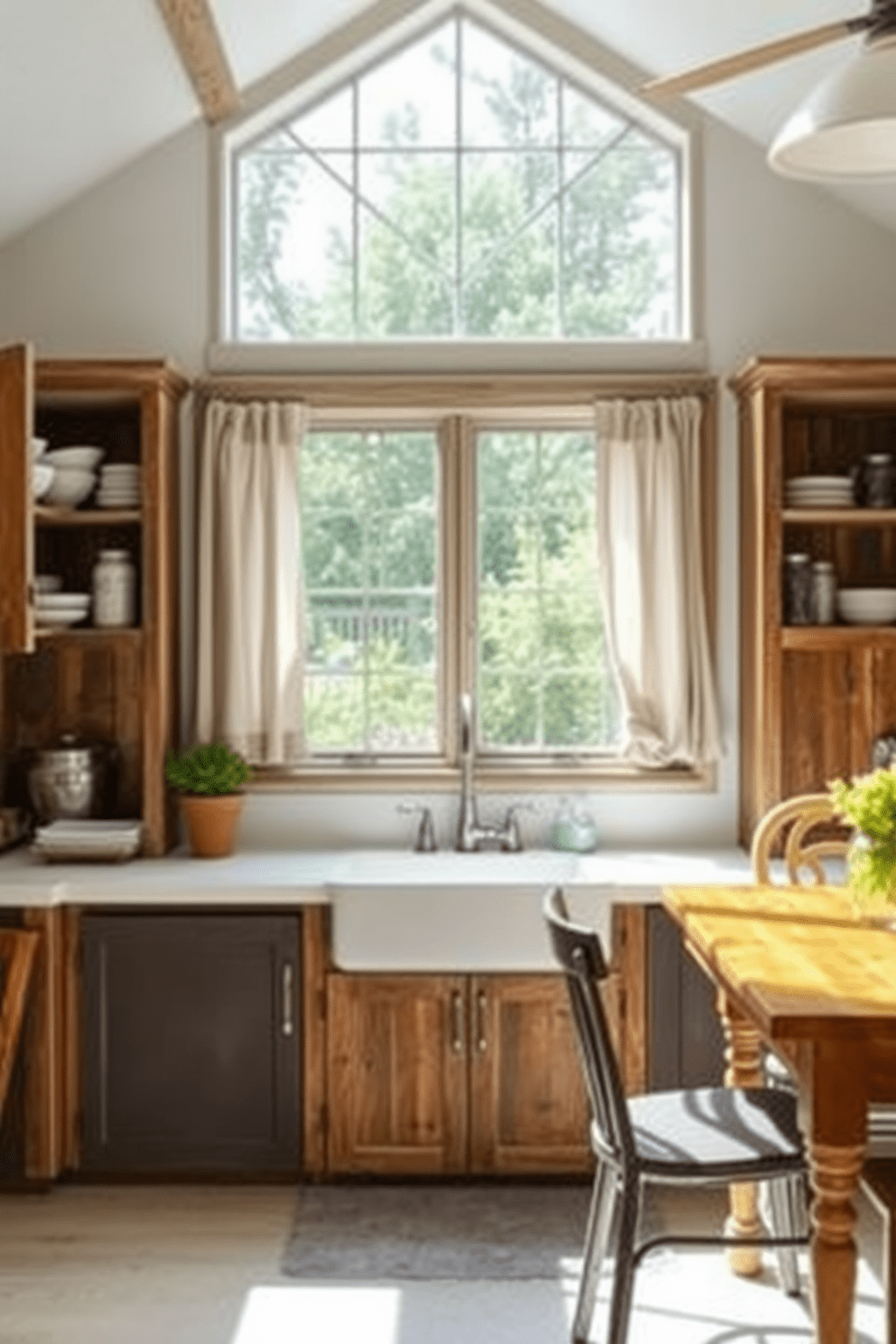 A cozy kitchen alcove featuring a farmhouse sink with rustic charm. The sink is surrounded by reclaimed wood cabinetry, and open shelves display vintage dishware and mason jars. Natural light floods the space through a large window adorned with sheer linen curtains. A wooden dining table sits adjacent to the sink, complemented by mismatched chairs for an inviting atmosphere.