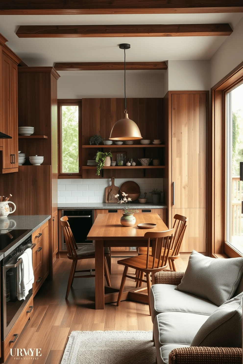 A cozy kitchen alcove with natural wood accents that create a warm and inviting atmosphere. The cabinetry features rich wooden tones, complemented by open shelving displaying rustic dishware and plants. A large window allows natural light to flood the space, highlighting a wooden dining table surrounded by comfortable chairs. Soft textiles in earthy colors add texture, while pendant lights with a natural finish provide ambient illumination.