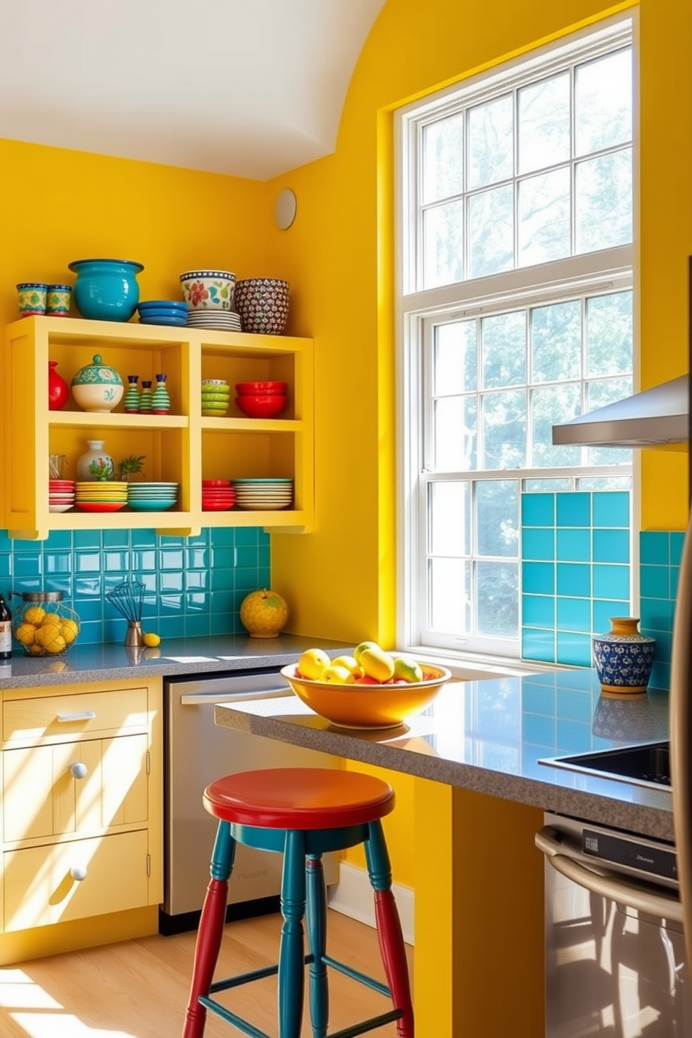 A vibrant kitchen alcove filled with bright colors to energize the space. The walls are painted in a cheerful yellow, complemented by a turquoise backsplash and multicolored bar stools. Sunlight streams through a large window, illuminating the space and highlighting the colorful ceramic dishes displayed on open shelves. A lively fruit bowl sits on the countertop, adding a splash of freshness to the design.