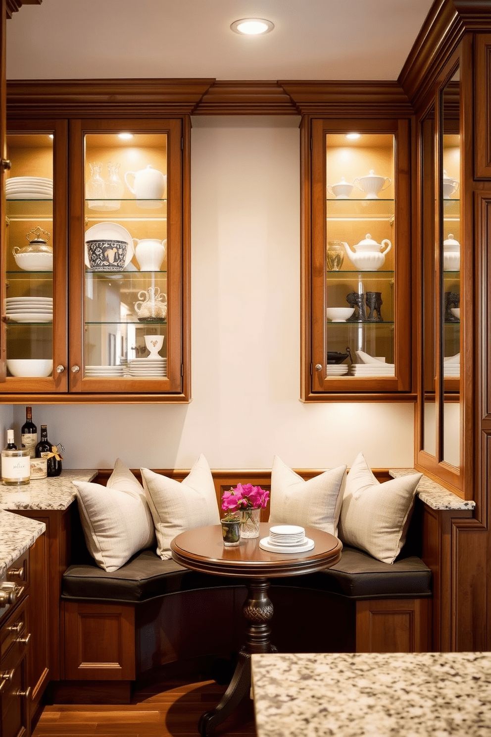 A cozy kitchen alcove features elegant glass-front cabinets showcasing a curated collection of dishware and decorative items. The cabinets are framed with warm wood tones, complementing the soft, ambient lighting that highlights the display. The alcove is designed with a comfortable seating area, perfect for casual dining or morning coffee. Plush cushions adorn the built-in bench, while a small round table invites leisurely meals in this inviting nook.