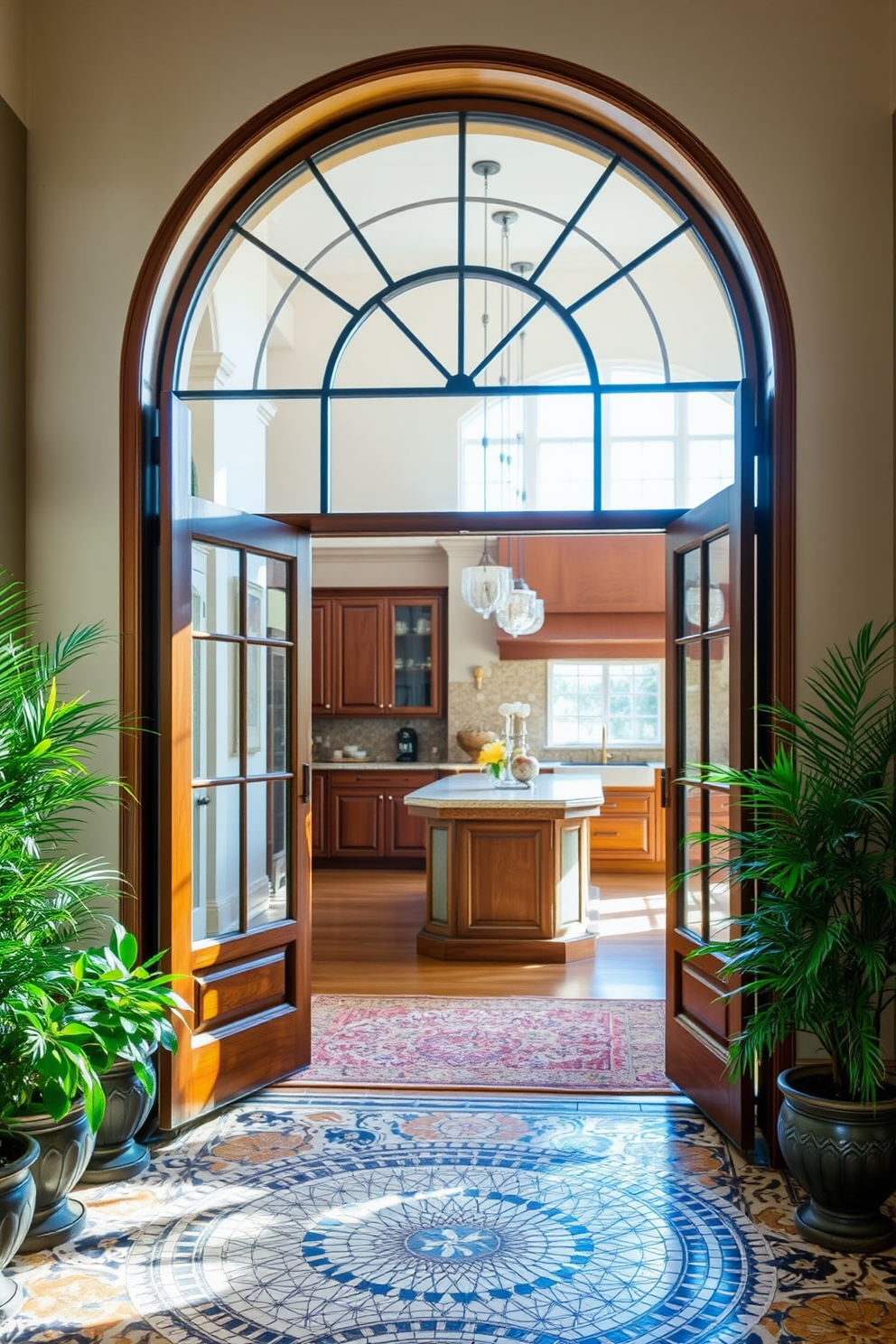 Elegant arched entryway with glass panels. The arch is framed in polished wood, allowing natural light to filter through the glass, creating a welcoming atmosphere. The floor is adorned with intricate mosaic tiles that lead into the kitchen. To the sides, there are potted plants that add a touch of greenery and warmth to the space.