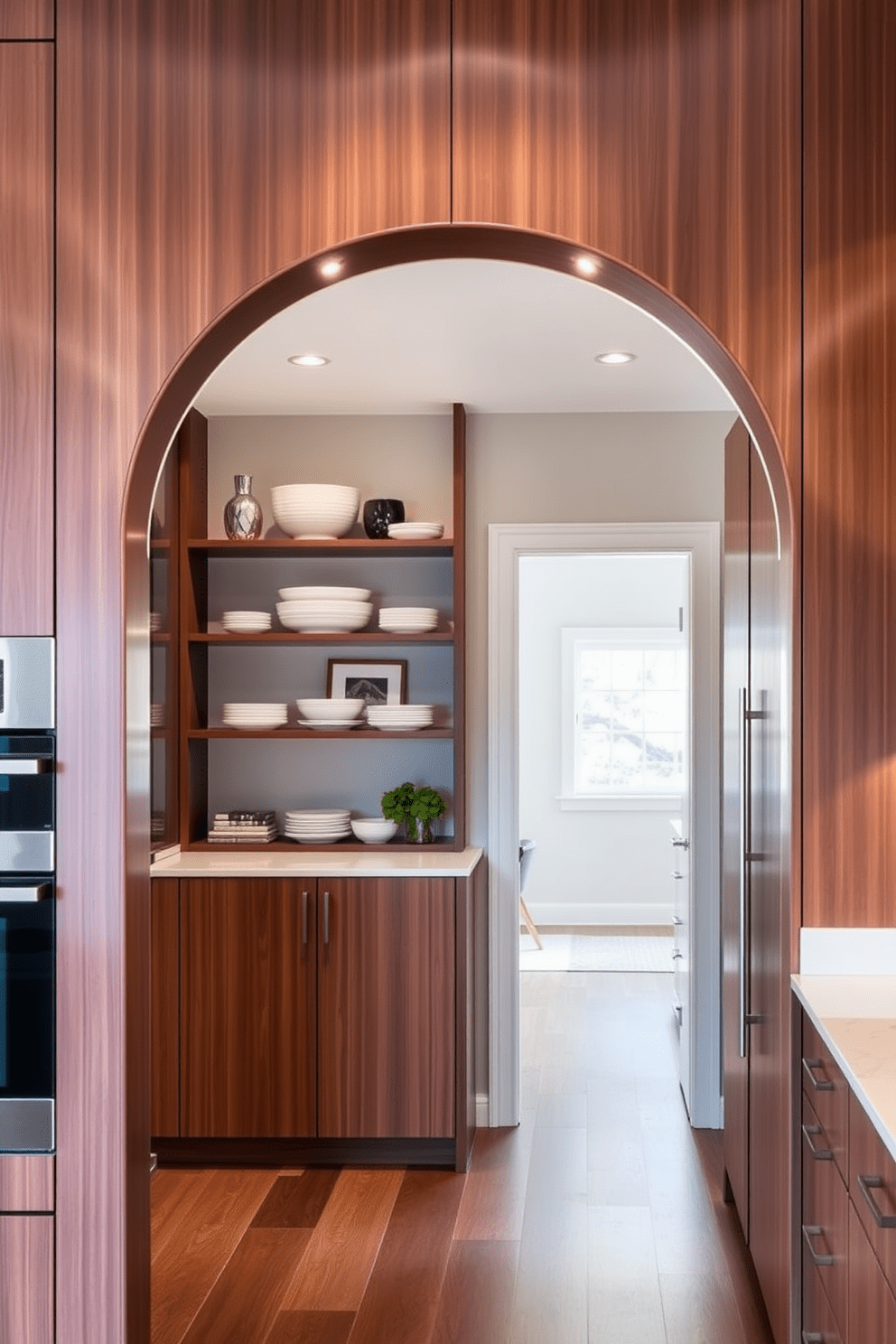 A contemporary kitchen features an elegant arch framed by sleek cabinetry that seamlessly integrates with the overall design. The arch is adorned with subtle lighting, highlighting the spaciousness and inviting atmosphere of the kitchen. The cabinetry is finished in a rich wood tone, providing warmth and contrast to the modern aesthetic. Open shelving within the arch displays stylish dishware and decorative items, adding a personal touch to the space.