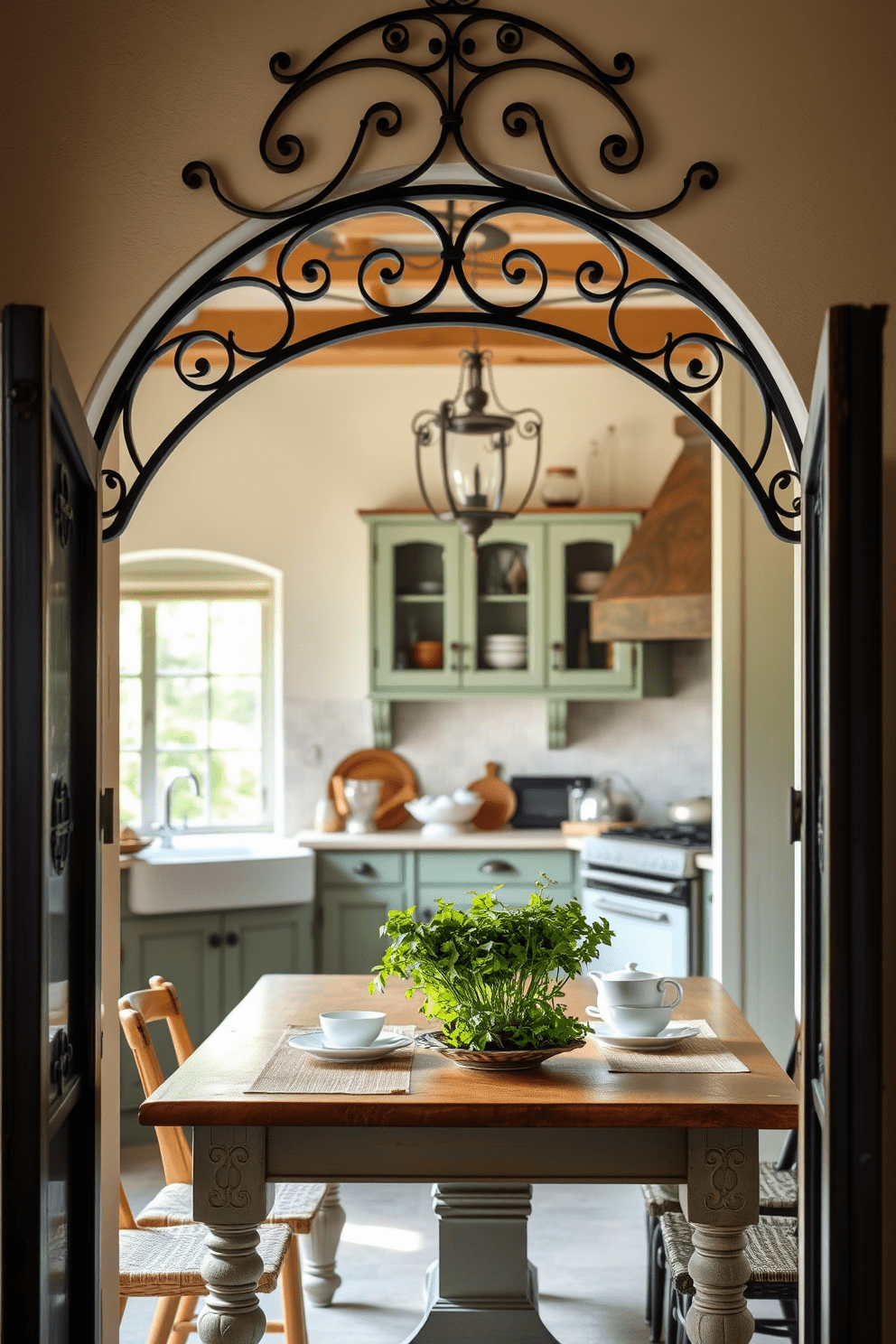 A vintage-inspired arch with intricate wrought iron details frames the entrance to a charming kitchen. The archway features elegant curves and ornate patterns, enhancing the rustic appeal of the space. Beneath the arch, a wooden farmhouse table is set with vintage dishware and a bouquet of fresh herbs. Soft, natural light filters through the arch, creating a warm and inviting atmosphere in the kitchen.