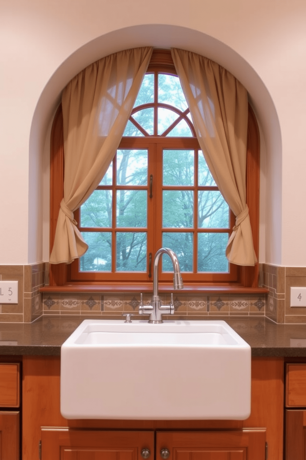 A charming kitchen setting featuring an arched window above the sink that floods the space with natural light. The window is framed with elegant curtains that complement the warm tones of the wooden cabinetry. The sink is a farmhouse style, with a polished chrome faucet that adds a touch of modern elegance. Surrounding the sink are decorative tiles that create a beautiful backsplash, enhancing the overall aesthetic of the kitchen.