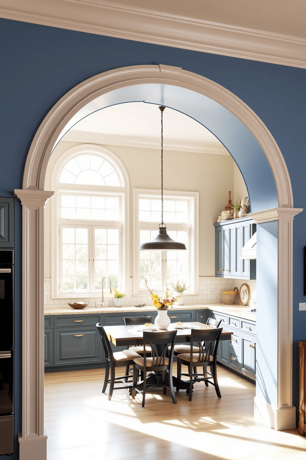 A striking kitchen arch design featuring a bold arch painted in a contrasting color to create a focal point. The arch is adorned with elegant trim that complements the overall kitchen decor. Natural light floods the space through large windows framed by the arch, enhancing the vibrant color. Underneath, a cozy dining area is arranged, inviting family gatherings and casual meals.