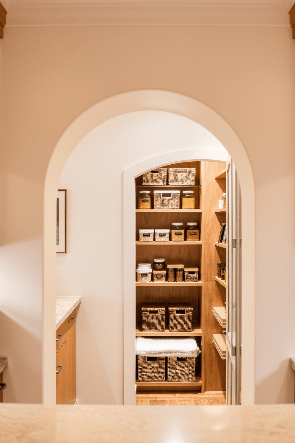 A subtle archway gracefully frames the entrance to a cozy pantry space. The arch features smooth, rounded edges and is adorned with soft lighting that highlights the transition from the kitchen to the pantry. Inside the pantry, shelves are lined with neatly organized jars and baskets, creating an inviting atmosphere. The warm wood tones of the shelves complement the light-colored walls, enhancing the overall charm of the kitchen arch design.