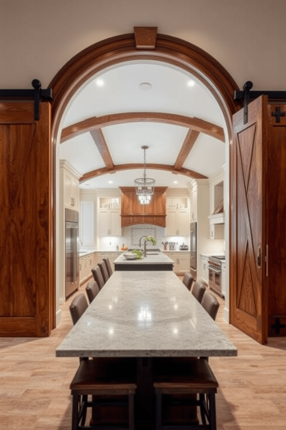 A stunning kitchen featuring an arched doorway designed in a rustic barn door style. The entrance is framed by warm wood accents and complemented by soft, ambient lighting that enhances the inviting atmosphere. Inside, the kitchen boasts a spacious layout with a large island topped with a polished stone surface. Surrounding the island are high-backed stools, and the cabinetry showcases a blend of modern and farmhouse aesthetics.