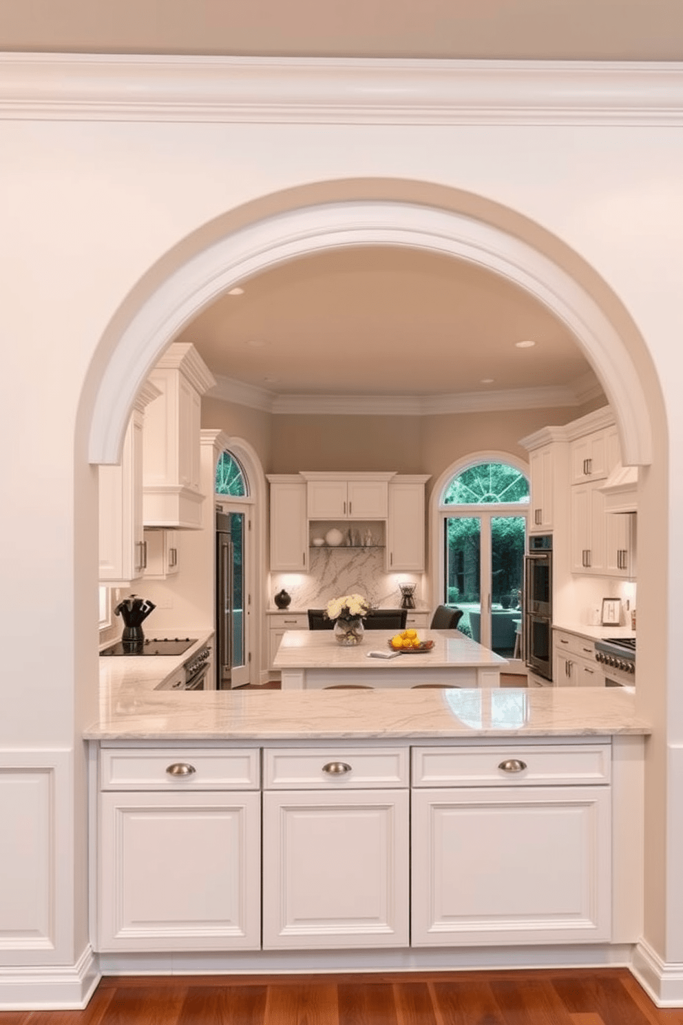 A warm and inviting kitchen featuring a curved arch that gracefully softens sharp corners. The arch is adorned with elegant molding, leading into a spacious area filled with natural light and modern appliances. The cabinetry is a soft white, complemented by a stunning marble backsplash that reflects the arch's curves. A large island with seating invites family and friends to gather, enhancing the kitchen's welcoming atmosphere.