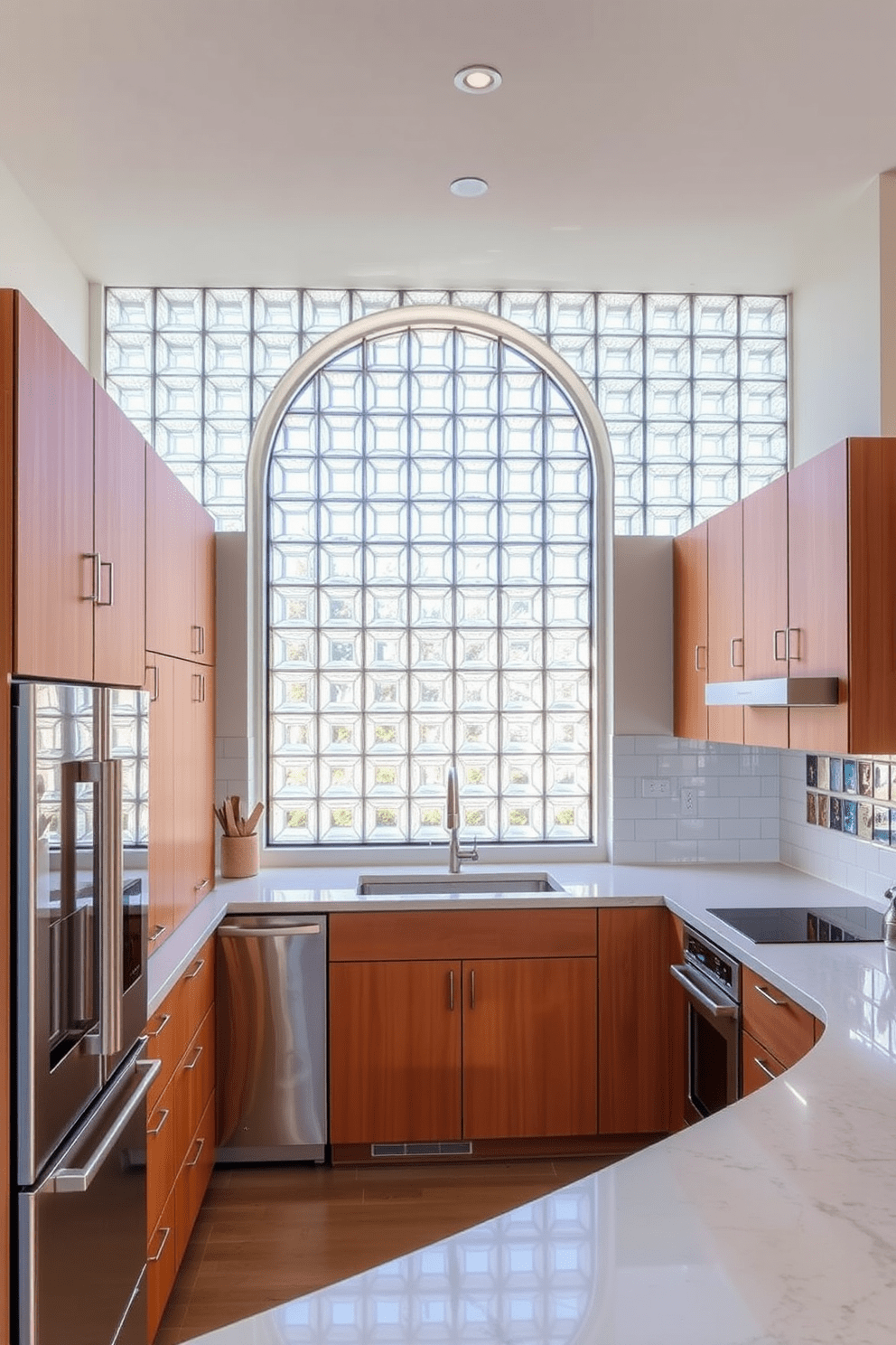 A sleek kitchen featuring a glass block arch that creates a modern focal point. The arch is framed by minimalist cabinetry in a warm wood tone, complementing the contemporary stainless steel appliances. Natural light filters through the glass blocks, illuminating the space and enhancing the open feel. The countertops are a polished quartz, providing a clean and elegant surface for meal preparation.