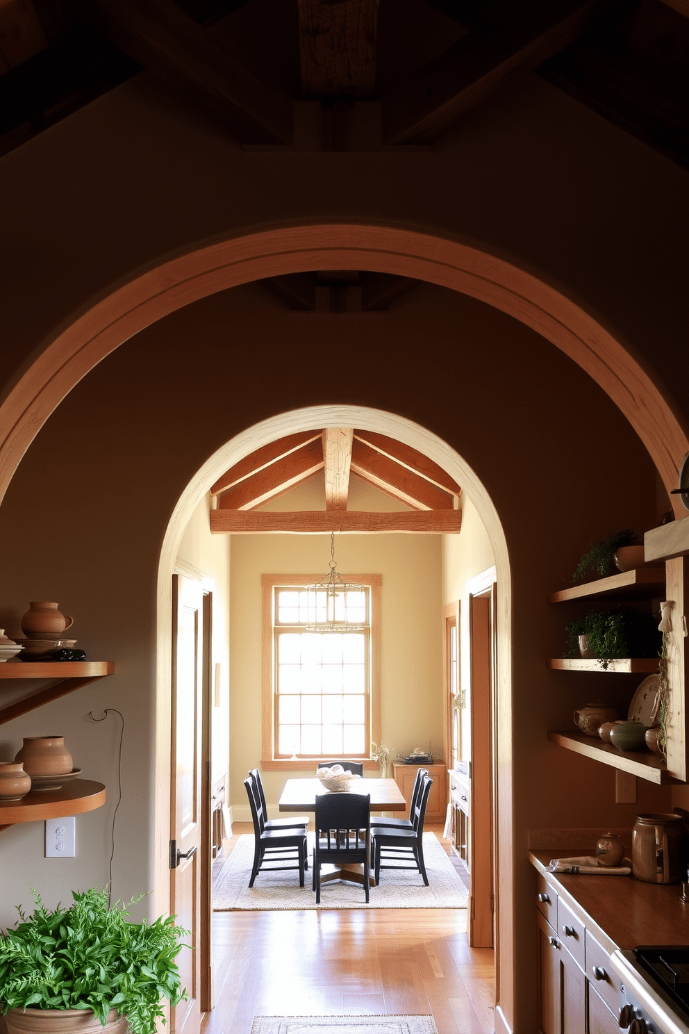 A rustic wooden arch with exposed beams creates a warm and inviting atmosphere in the kitchen. The arch frames a spacious entryway that leads to a cozy dining area filled with natural light. The wooden beams showcase the craftsmanship and add character to the space. Surrounding the arch, the kitchen features open shelving with handcrafted pottery and fresh herbs for a touch of greenery.