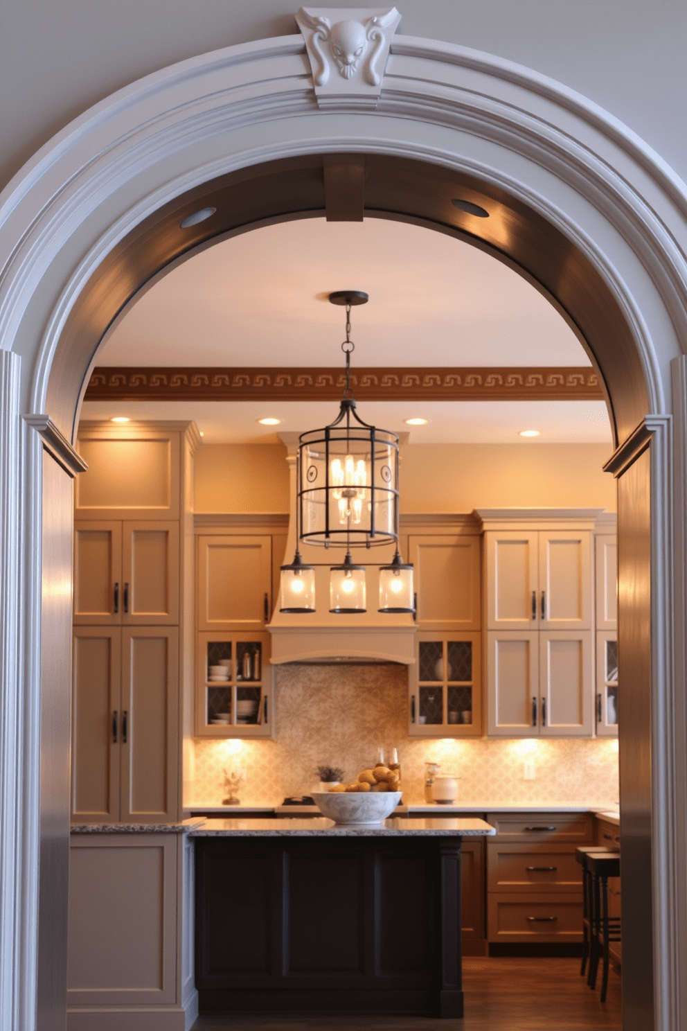 A decorative arch frames the entrance to a modern kitchen, adorned with elegant pendant lights that cast a warm glow. The arch features intricate detailing, complementing the sleek cabinetry and inviting atmosphere of the space.