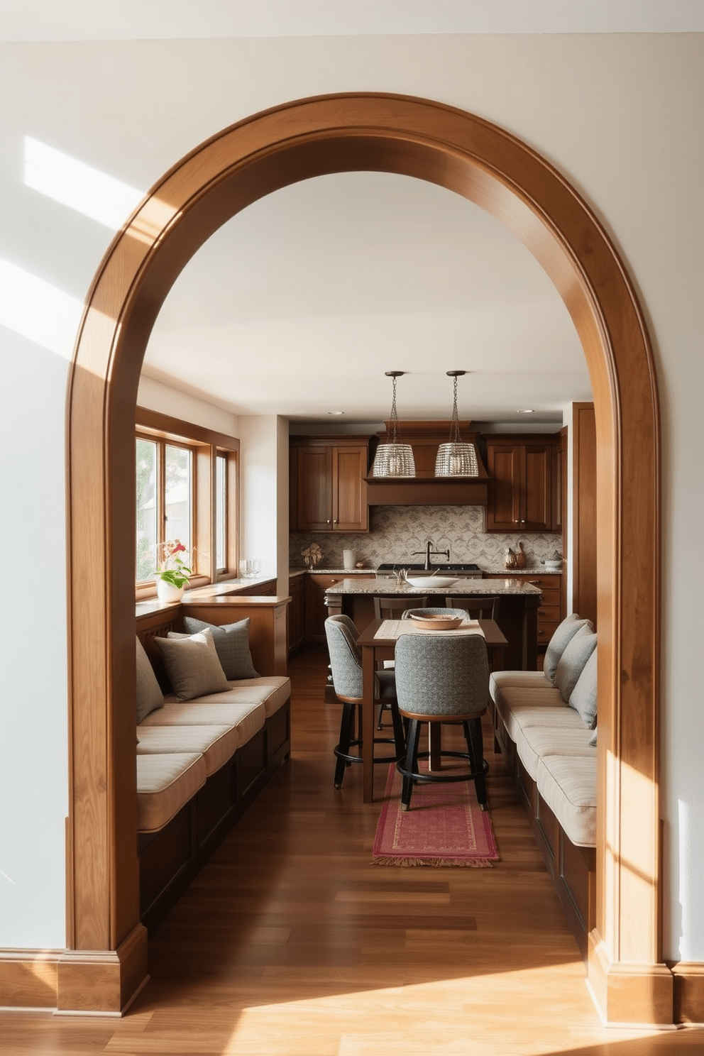 A functional archway leads into the kitchen, designed with built-in seating that invites relaxation. The archway features elegant curves and is framed by warm wood, creating a seamless transition between spaces. The built-in seating is upholstered in soft, durable fabric and includes plush cushions for comfort. Natural light floods the area through nearby windows, enhancing the inviting atmosphere of the kitchen.