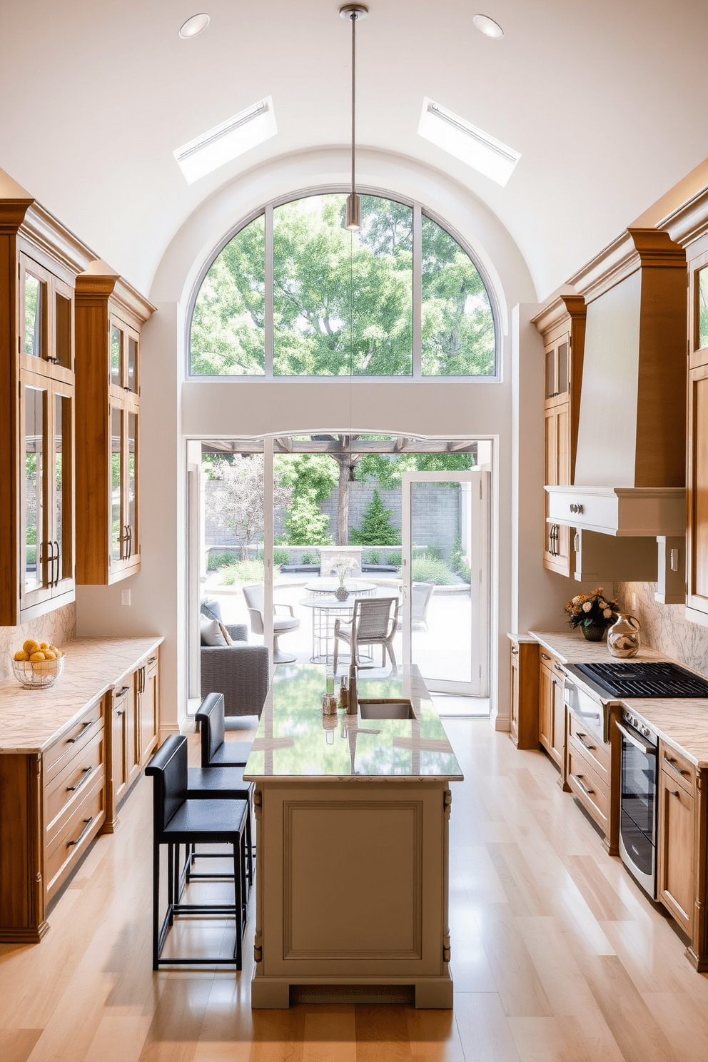 A stunning kitchen with an arched opening leading to an outdoor patio creates a seamless transition between indoor and outdoor spaces. The kitchen features elegant cabinetry with a mix of natural wood and white finishes, complemented by a large island with bar seating. Sunlight floods the area through the arched opening, which is framed by lush greenery from the patio. The design incorporates modern appliances and a stylish backsplash, enhancing the overall aesthetic while maintaining functionality.